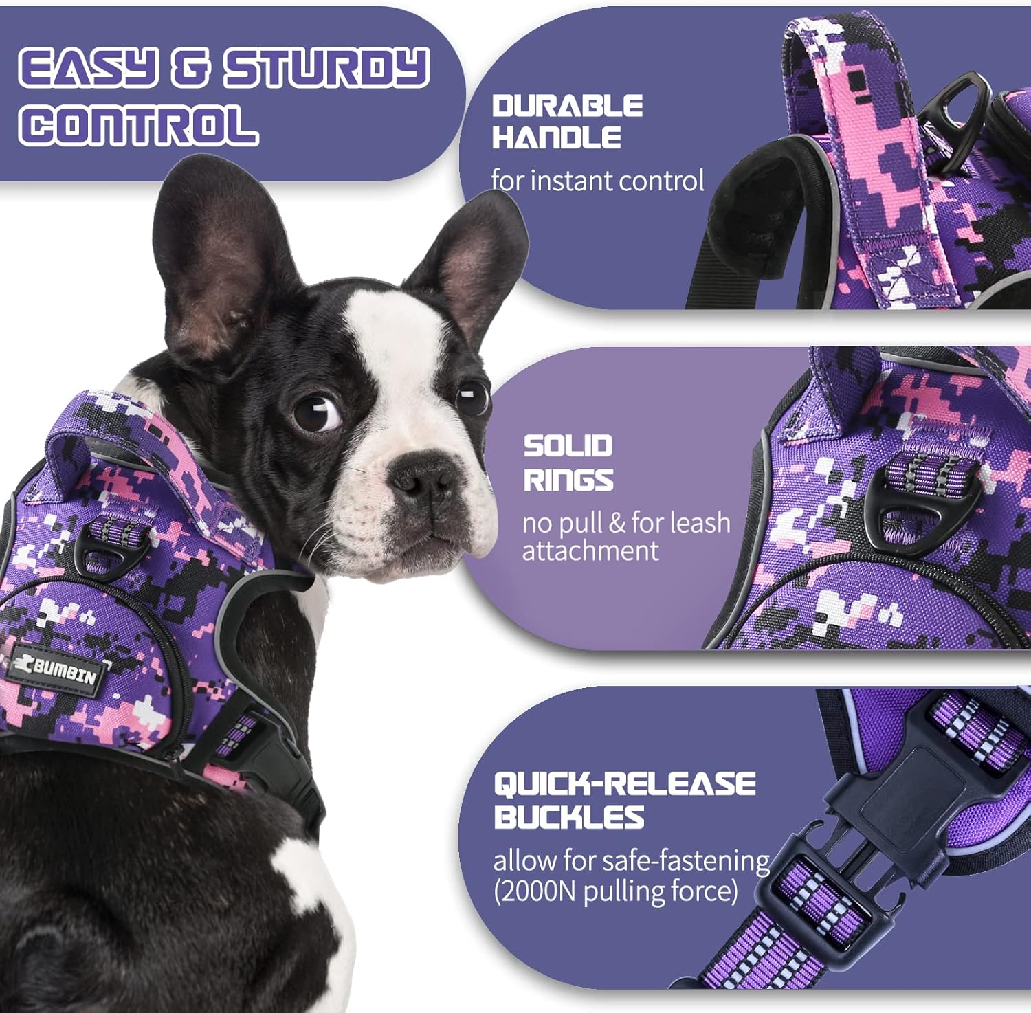 Size M No Pull Dog Harness for Medium Dogs, Adjustable No Choke Pet Vest with Dog Leash Fit Smart Reflective Pet Walking Harness for Training Easy Control Soft Handle Purple Camo