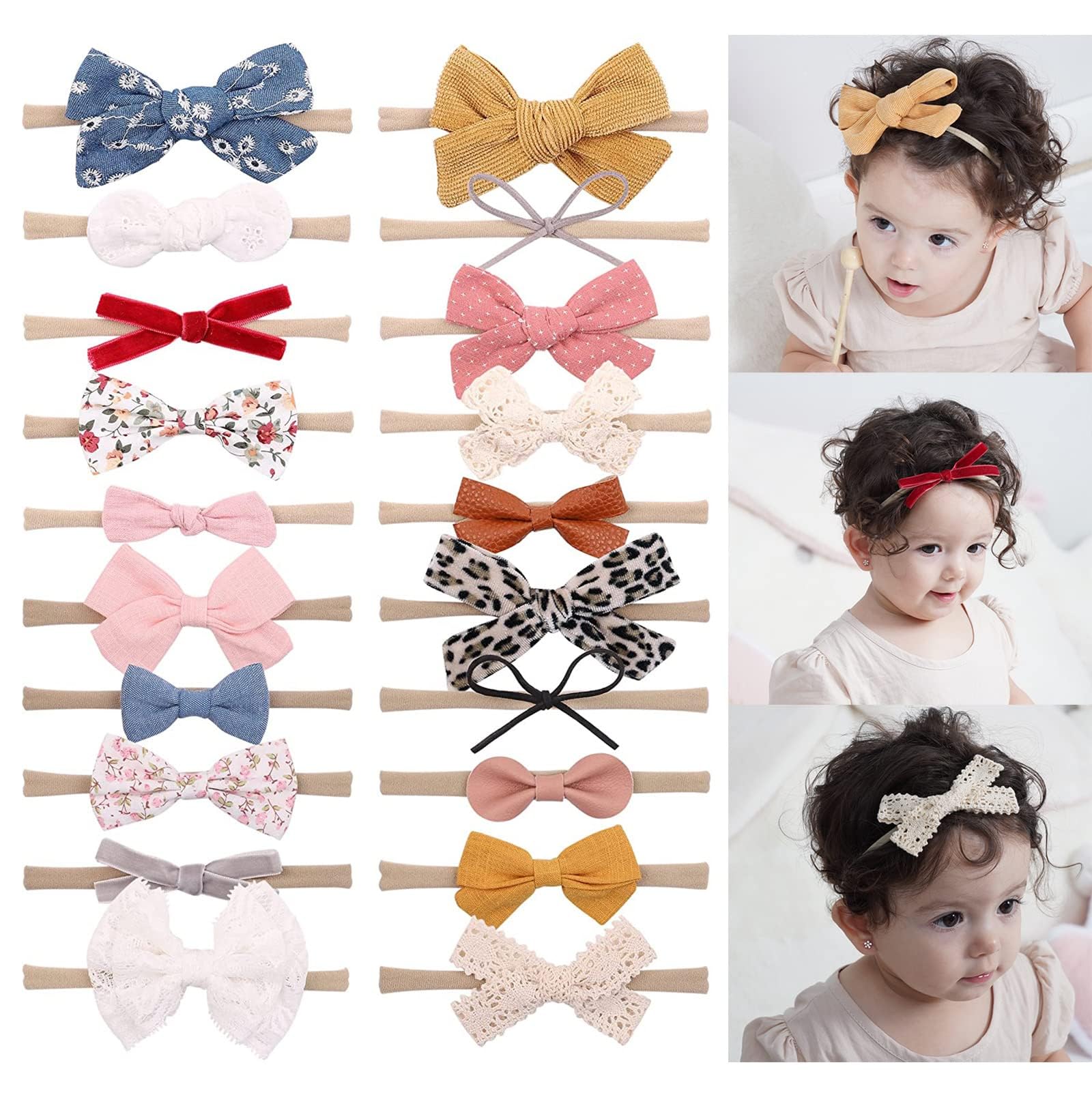 Doboi - 20 diademas de nailon suave para niñas, lazos para el pelo, accesorios elásticos para recién nacidos, bebés, niños pequeños y niños.