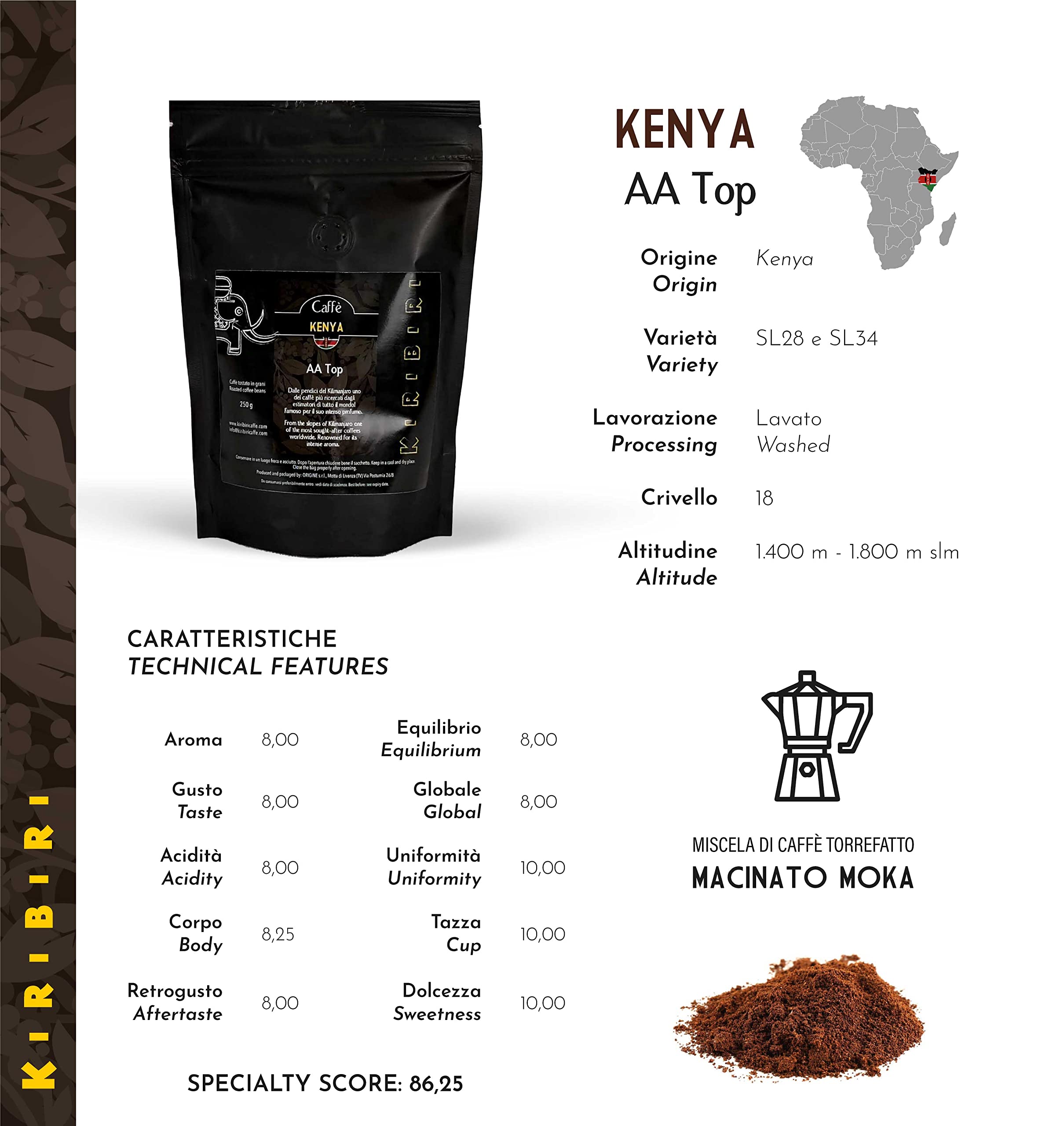KIRIBIRI Caffè Macinato per Moka Caffè Specialty Monorigine 100% Arabica - Confezione 4 x 250g - Brasile, Guatemala, Honduras Biologico, Kenya