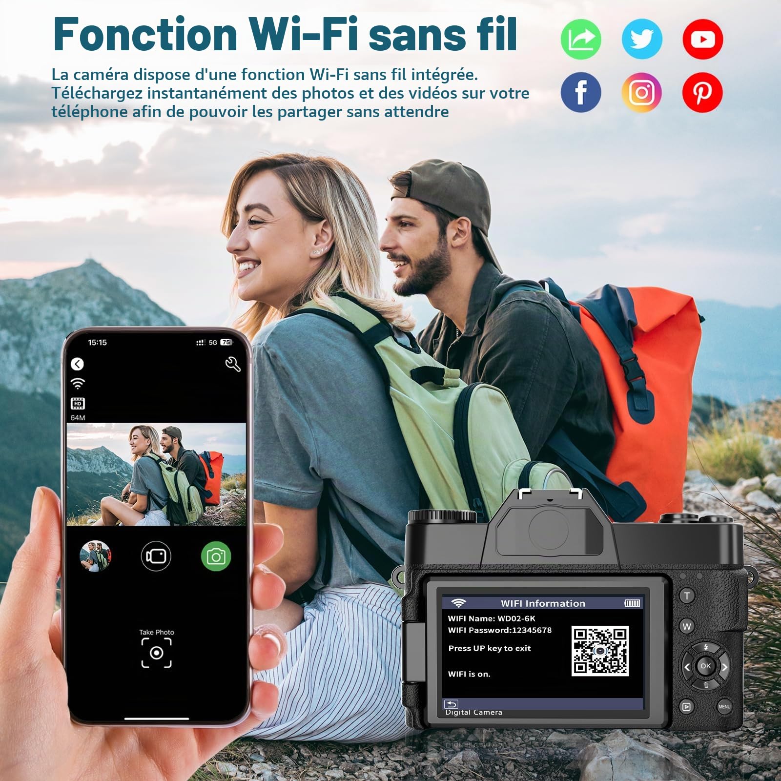 Appareil photo numérique 6K pour la photographie – Caméras de vlogging WiFi 64 MP pour YouTube avec écran rabattable de 3" à 180°, zoom numérique 16x, autofocus Vlog Travel Camara avec carte SD de 32