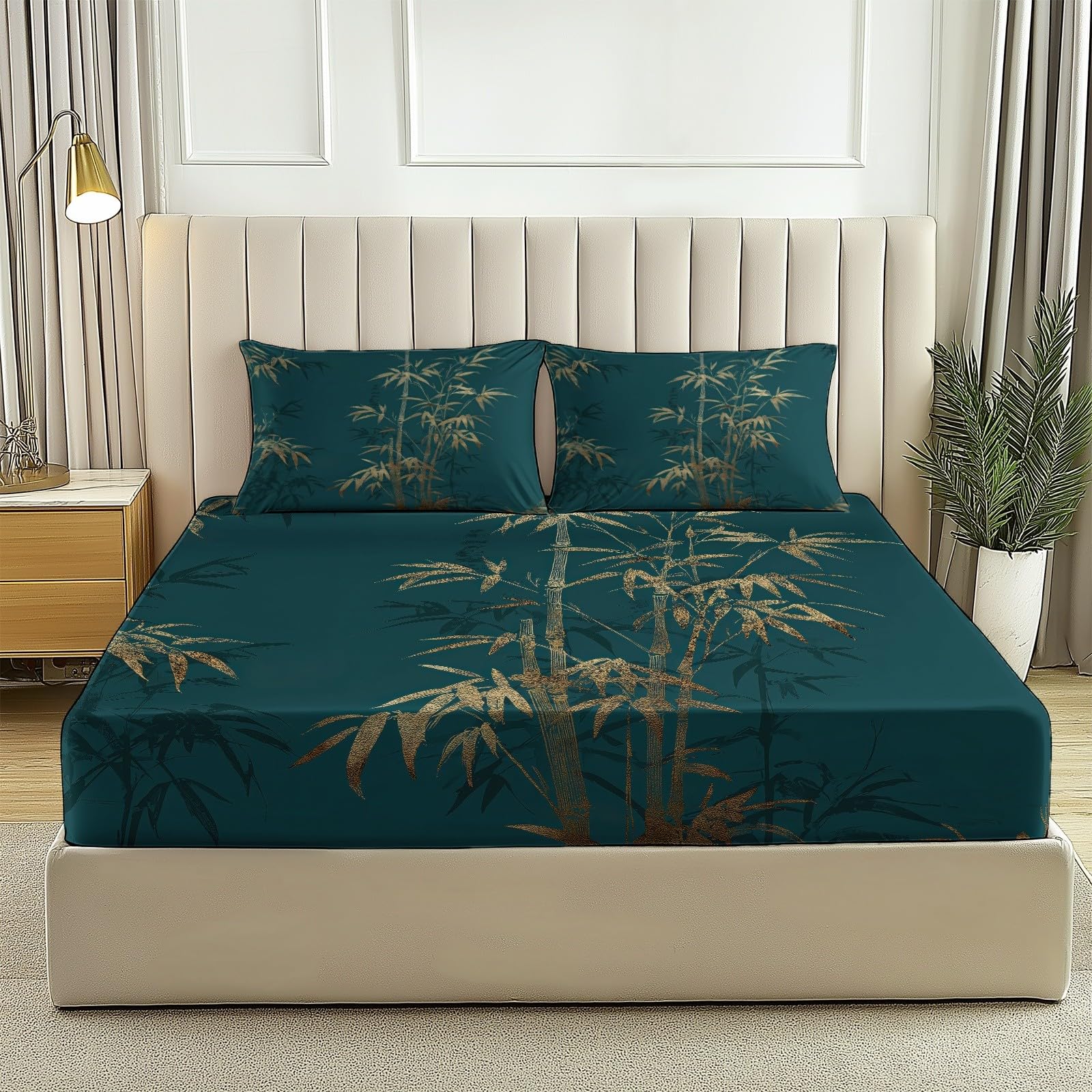Sábanas Ajustables 180 x 200 cm Sábanas Estampadas con Bambú Dorado Estilo Tradicional Chino hexagonales Elástico en Todo el Contorno, 30 cm de Profundidad, Microfibra hipoalergénica Azul Marino