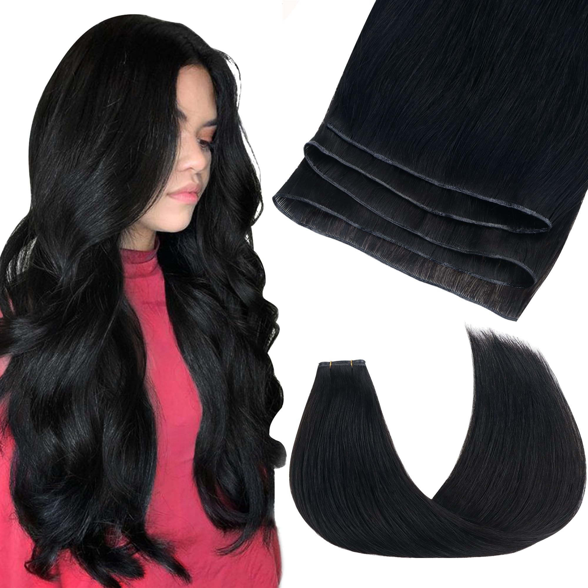 GOO GOO Genius Human Hair Extensions, Sew In Rooted Remy Weft, Jet Black 22inch 60g, Hand Tied Weft