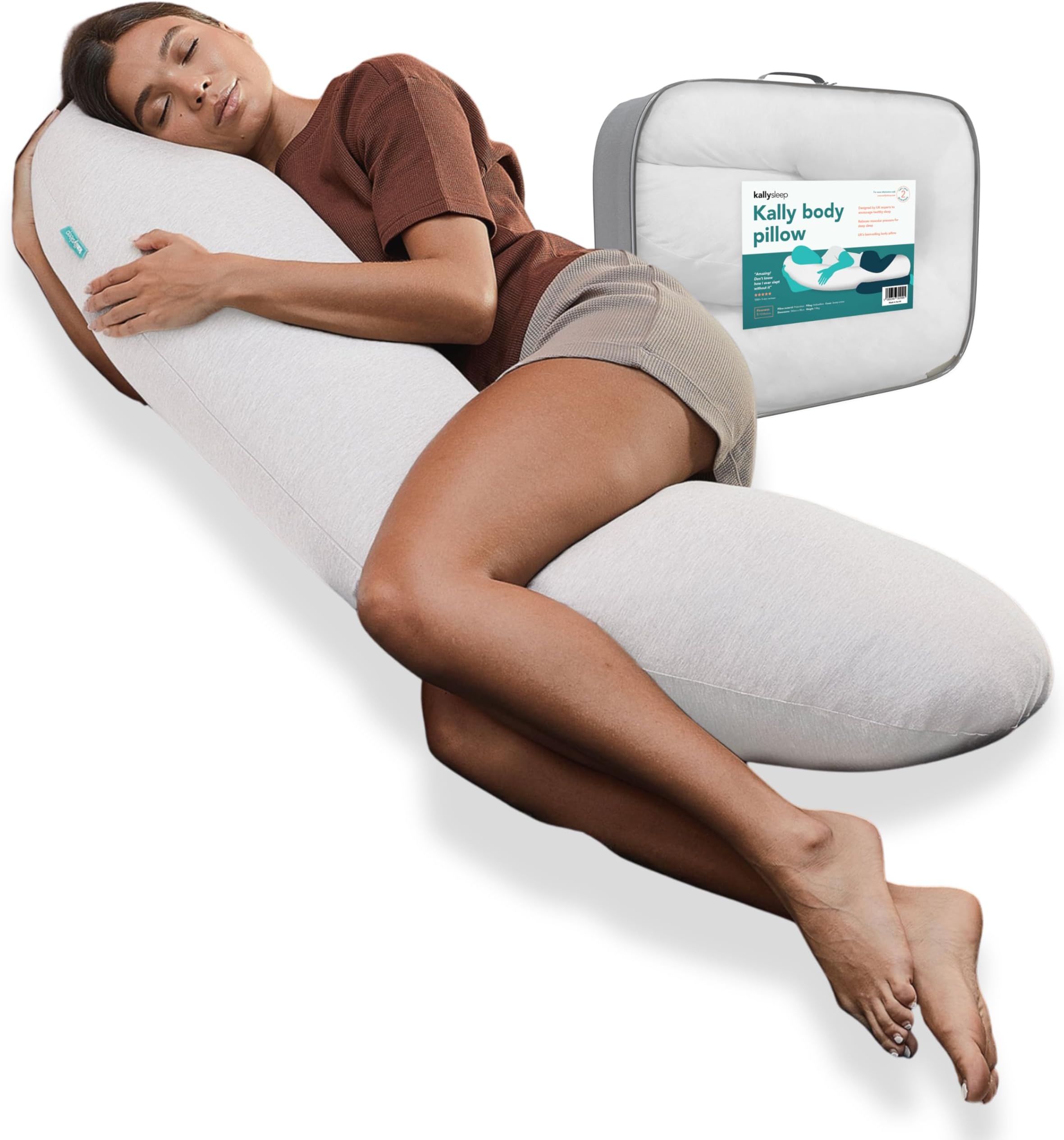 Kally Sleep Full Body Sleep Pillow - Best Orthopaedic Pillow for Pregnancy, Neck & Back Pain, Recovery Support - 145 x 35cm, White - Includes Replaceable & Washable Cover
