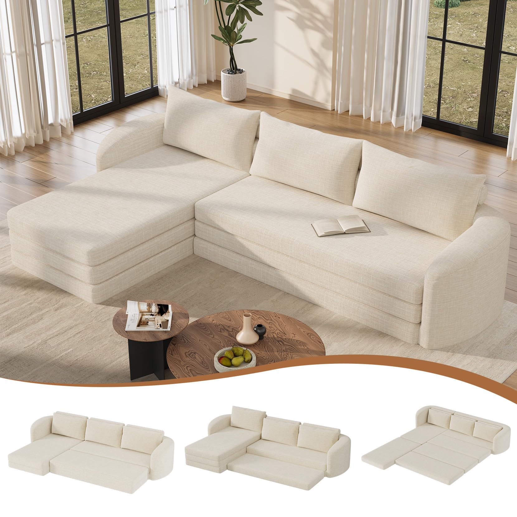 Photo 1 of ***INCOMPLETE SET/ MISSING LOUNGER SIDE OF COUCH/ EXTREMELY DIRTY*** Vesgantti Convertible Folding Sleeper Sofa Bed, Chenille Boneless Couch for Living Room, No Assembly Required, Beige
