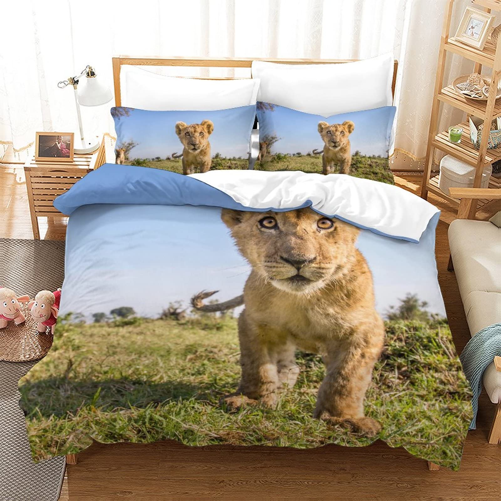Housse de couette lion 3D 200x200 parure de lit microfibre douce 3 pièces