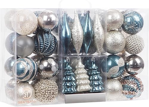 Sea Team Paquete de 65 adornos surtidos de bolas de Navidad inastillables juego de adornos colgantes decorativos de temporada con paquete de regalo