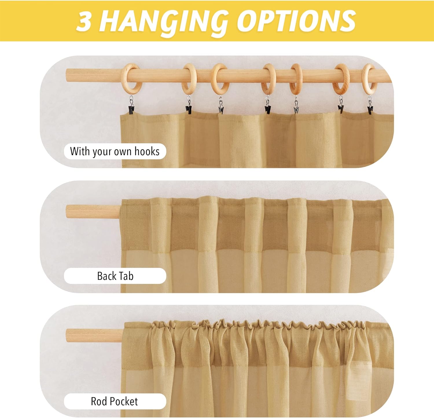 NICETOWN Sheer Linen Desert Yellow Curtains 84 inch Long for Bedroom, Rod Pocket & Back Tab Privacy Semi Sheer Light Filtering Flax Linen Window Drapes for Living Room, W52 x L84, 2 Panels