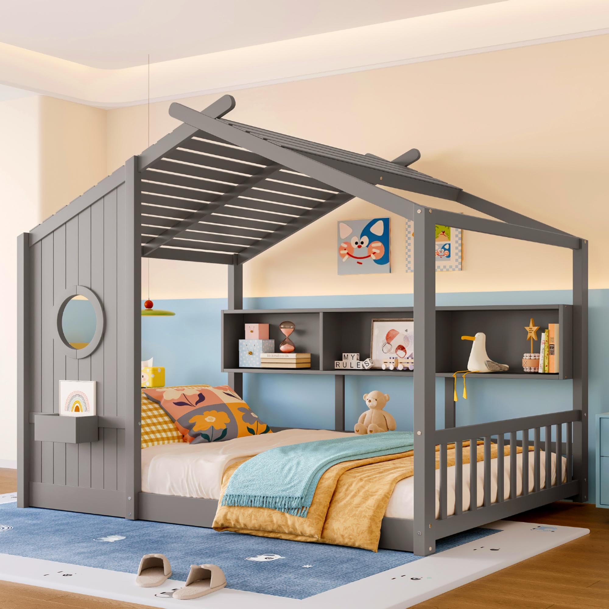 Full Size Floor House Bed with Roof and Window for Kids, Wooden Playhouse Bed with Storage Shelves for Bedroom Furniture Girls &amp; Boys (Gray/L1, Full)