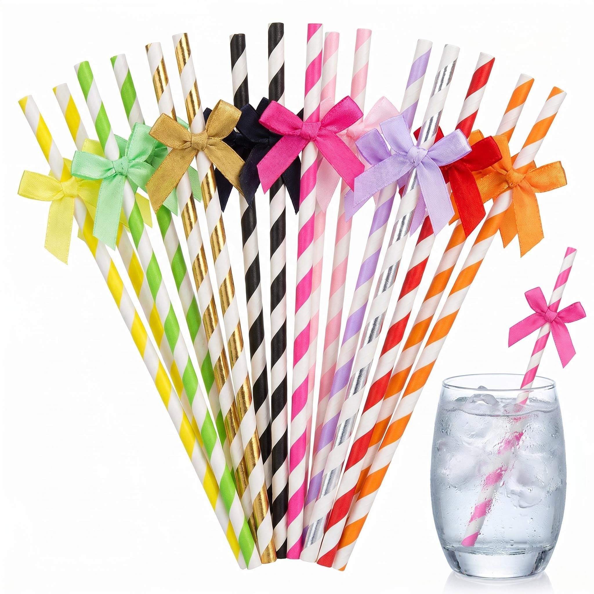 50Pcs Bow Paper Straws 19.7cm Striped Party Straws with Ribbon Bows for Hen Party Decorative Biodegradable Drinking Straws for Cocktails Milkshakes Afternoon Tea Wedding Birthday Baby Shower (BB) — image 1