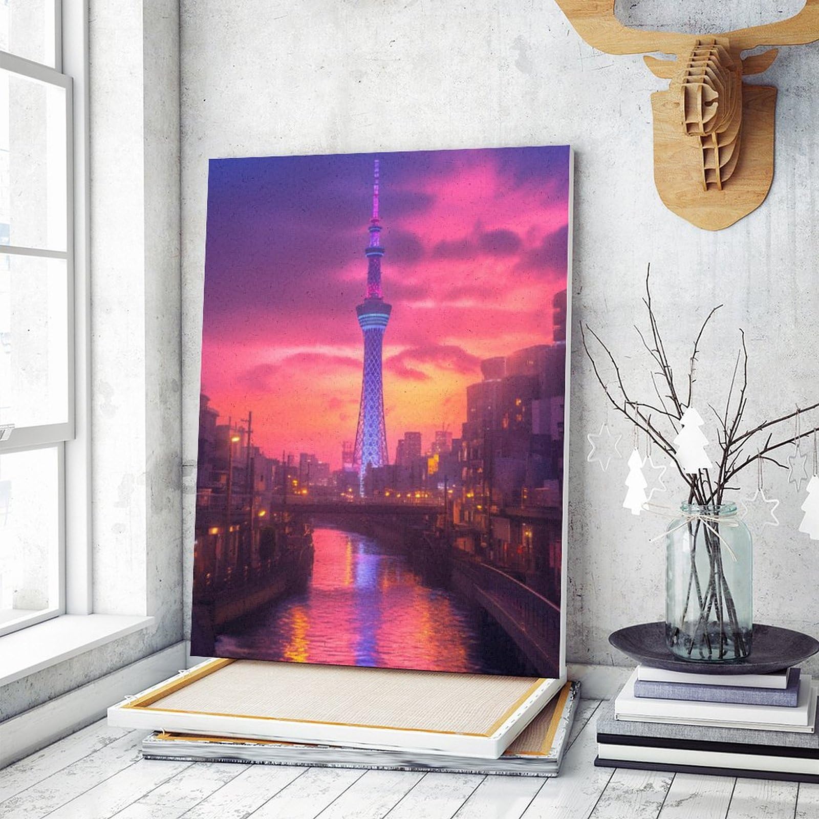 〜絵画〜　夕暮れのスカイツリーを眺めて♫ Amazon | 夕暮れの東京スカイツリー 数字油絵 和風の街並み写真 数字