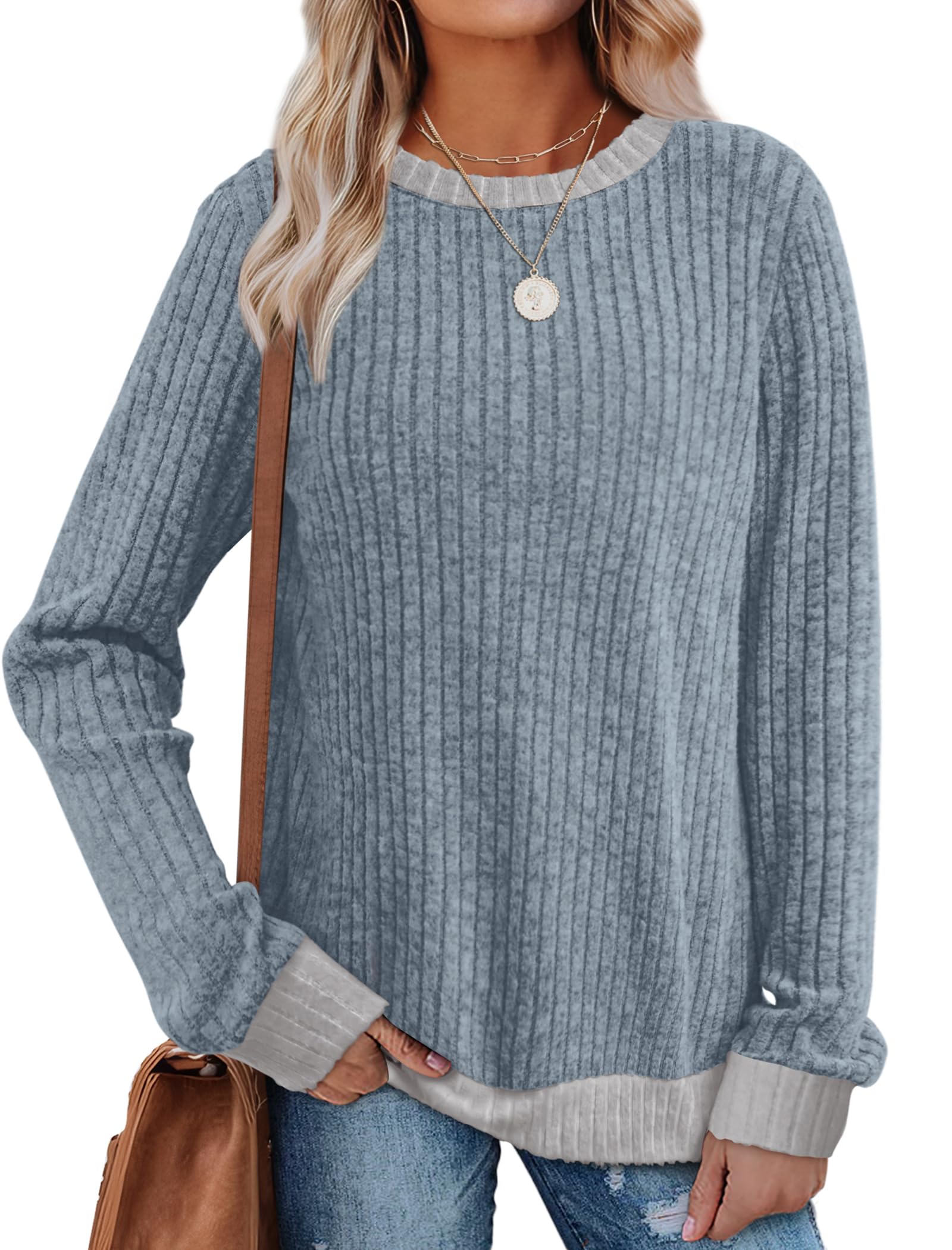 Sampeel Womens Tops Long Sleeve Shirts Lightweight Sweaters Loose Fit Crewneck Color Block