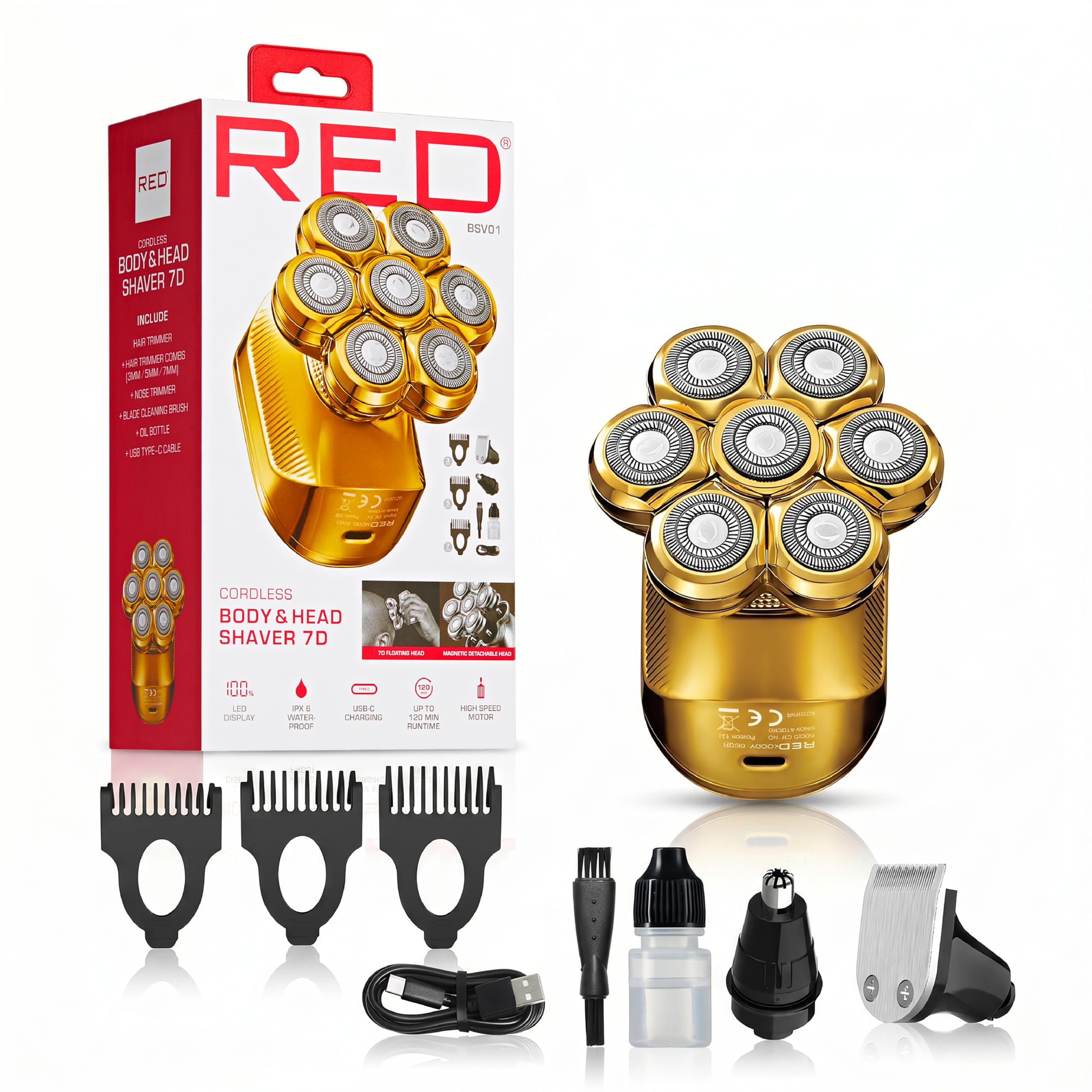 Red by Kiss Rasoio elettrico 7D senza fili per uomo e corpo, impermeabile, rasoio rotante ricaricabile per rasatura liscia della testa calva e cura del corpo completo