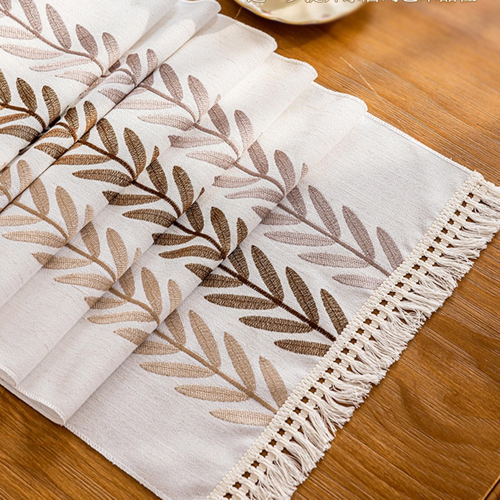 Tischläufer Modern Polyester, Tischläufer Landhausstil 39x160 cm, Leinenoptik mit Blätterstickerei