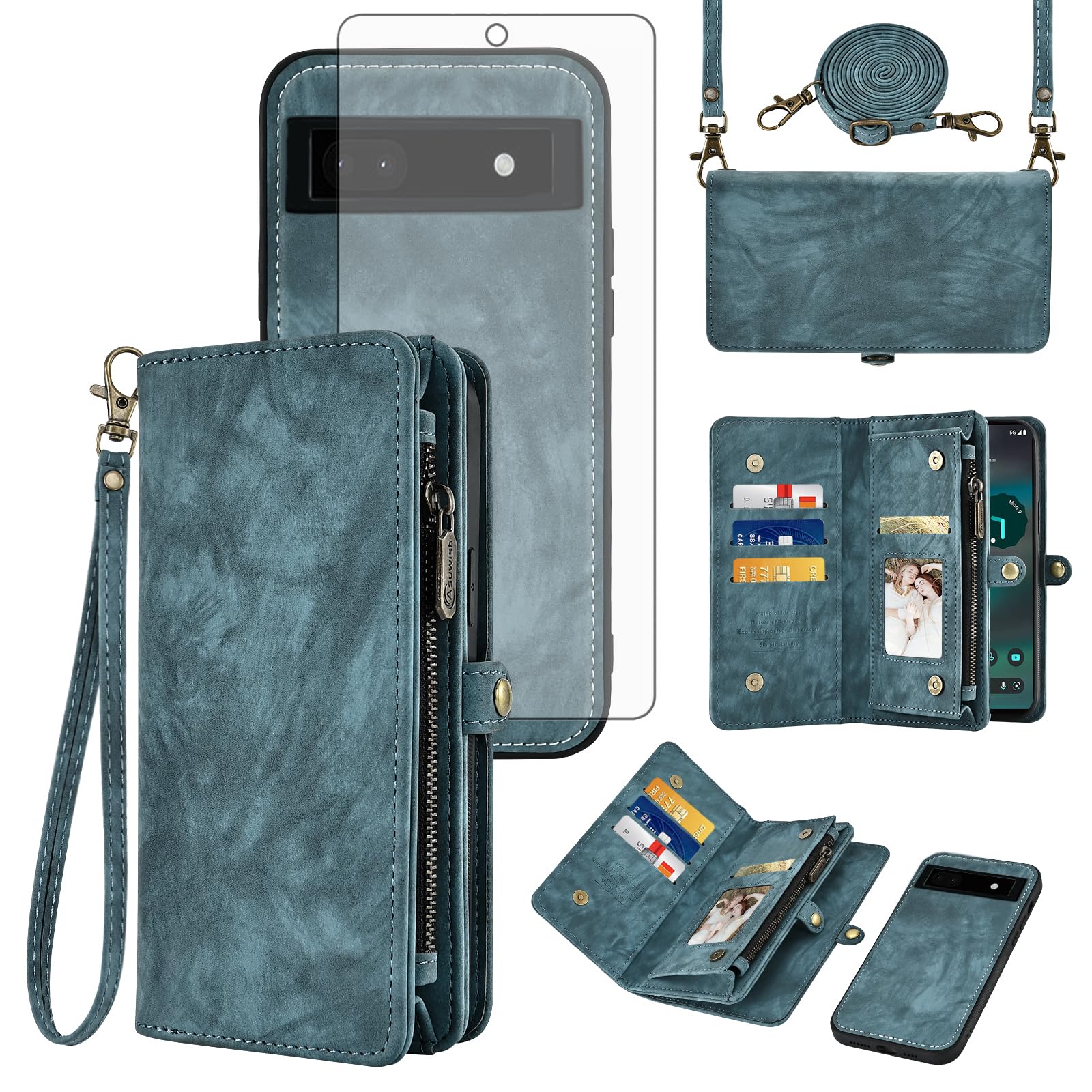 Asuwish Phone Case for Google Pixel 6A 5G 2022 Zipper Wallet Magnetic Detachable Cell Cover with Tempered Glass Screen Protector Crossbody Lanyard