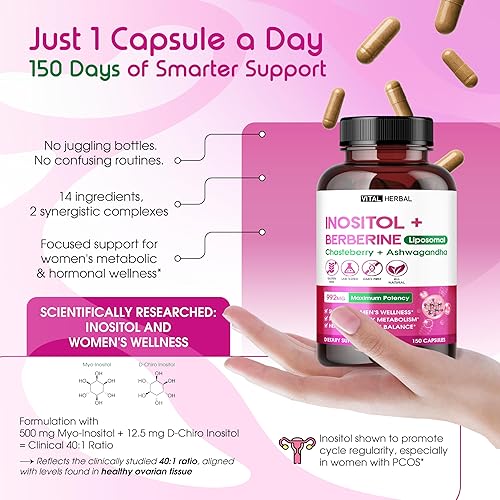 Miniatura 6 de Inositol liposomal con berberina, chasteberry y ashwagandha - Apoya el bienestar de las mujeres, el equilibrio hormonal y el metabolismo - 150