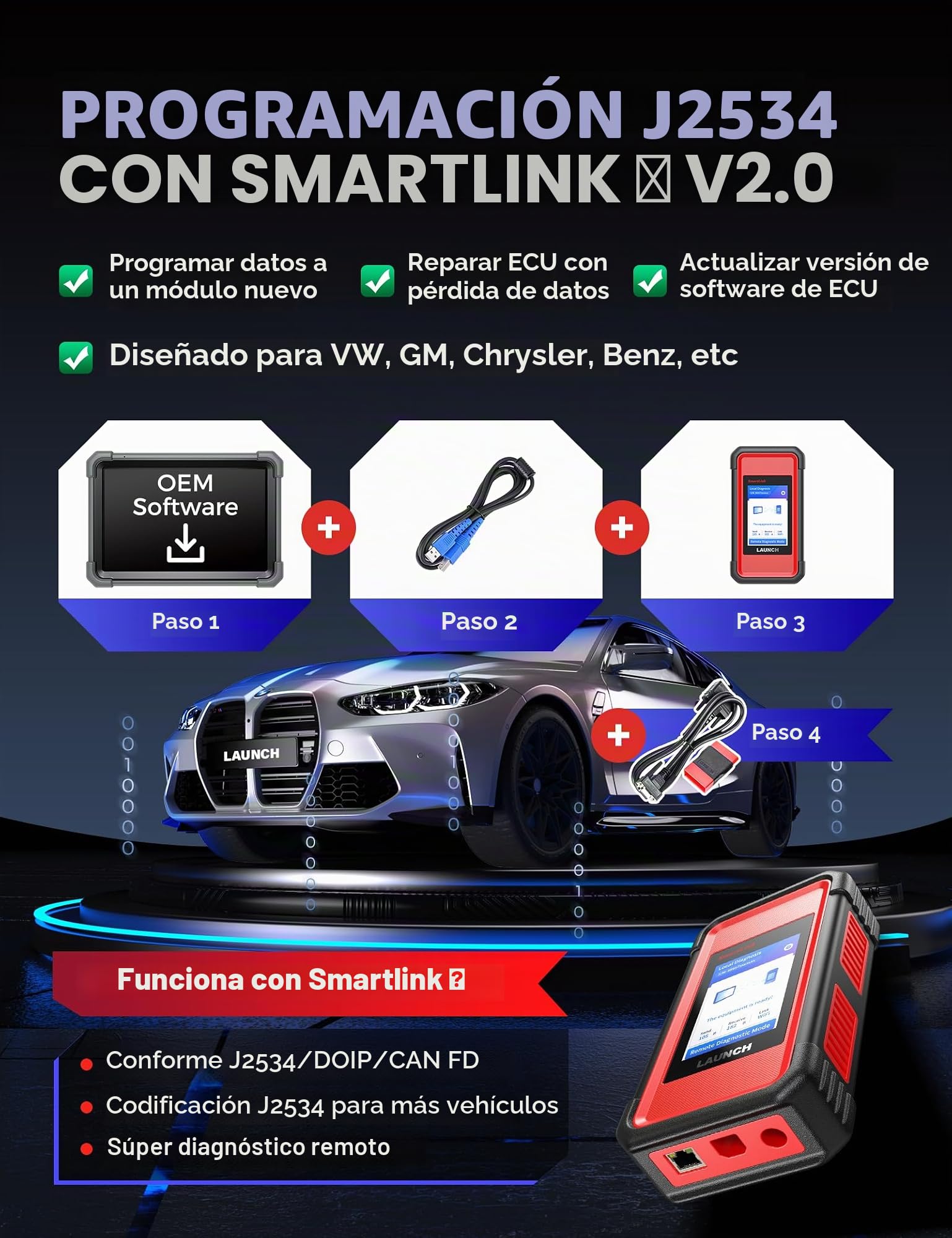 LAUNCH X431 PRO3 V+ Elite, 2025 Smartlink C 2.0 Herramienta de escaneo bidireccional con J2534, escaneo de camiones HD, mapa de topología, más de 60 servicios, codificación online, CANFD/DOIP/D-PDU