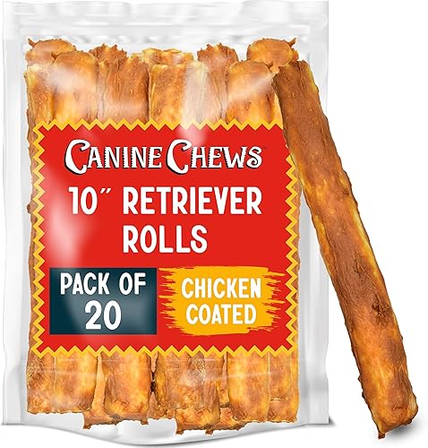 Canine Chews Rollos retriever de cuero crudo para perros recubiertos de pollo de 10 pulgadas, huesos de cuero crudo de pollo para perros grandes