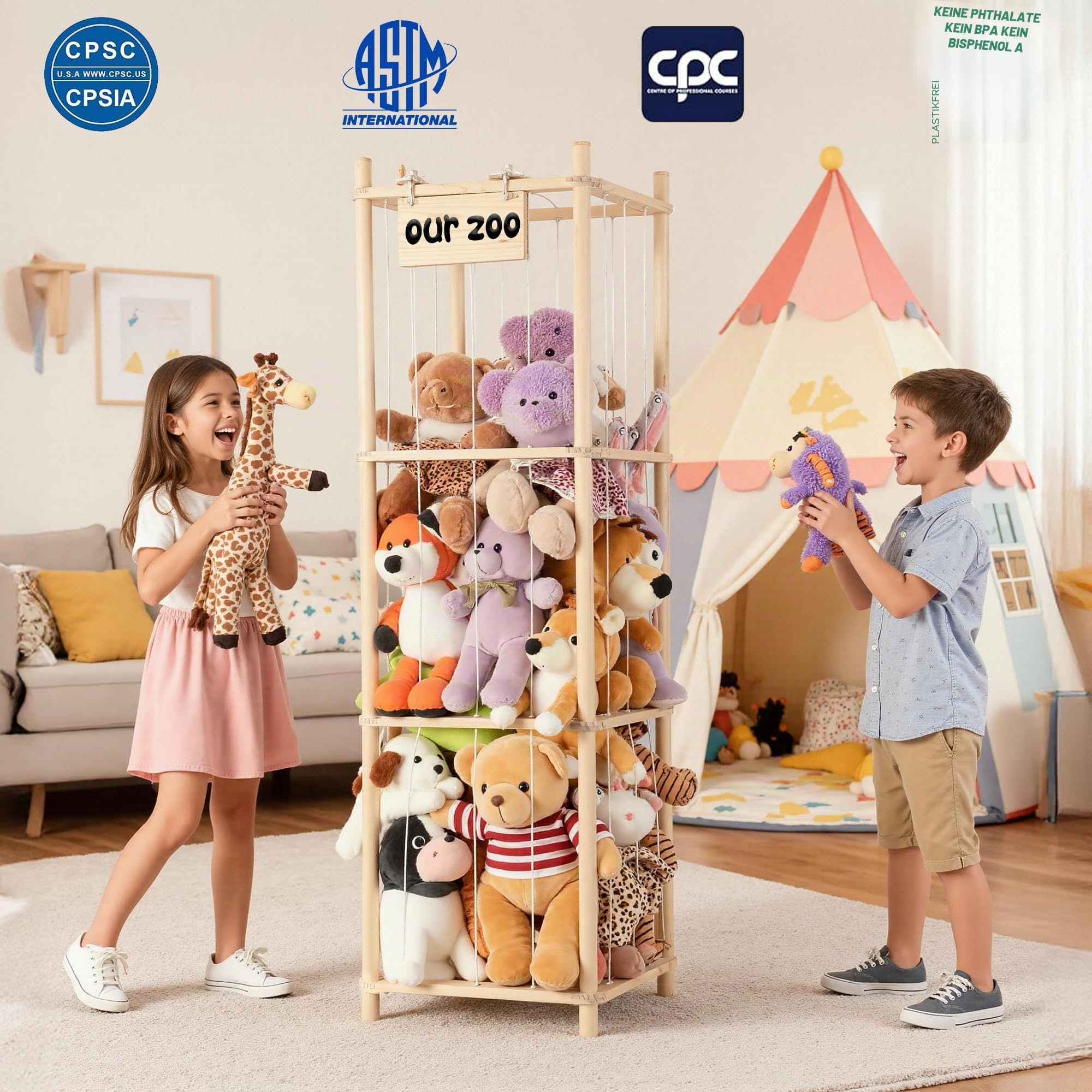 LAMU Kuscheltier Aufbewahrung, Stofftier Plüschtier Aufbewahrung aus Holz mit Elastischen Kordeln, Spielzeug Organizer Extra Große Kapazität für Babyzimmer Wohnzimmer Schlafzimmer, W 39.5cm, 3 Tier
