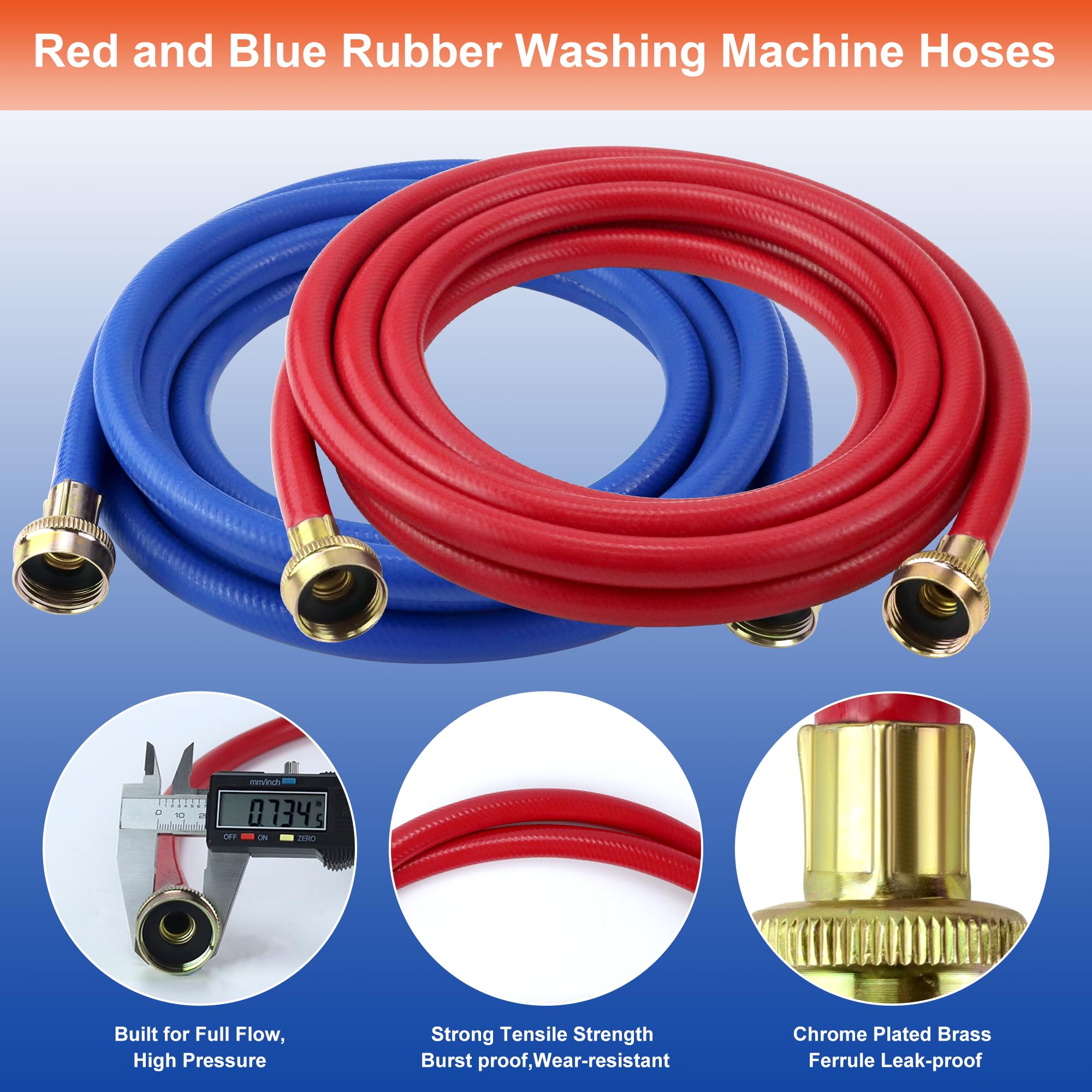 2 PACK Rubber Washing Machine Hoses Burst Proof Red And Blue Coded Washer Machine