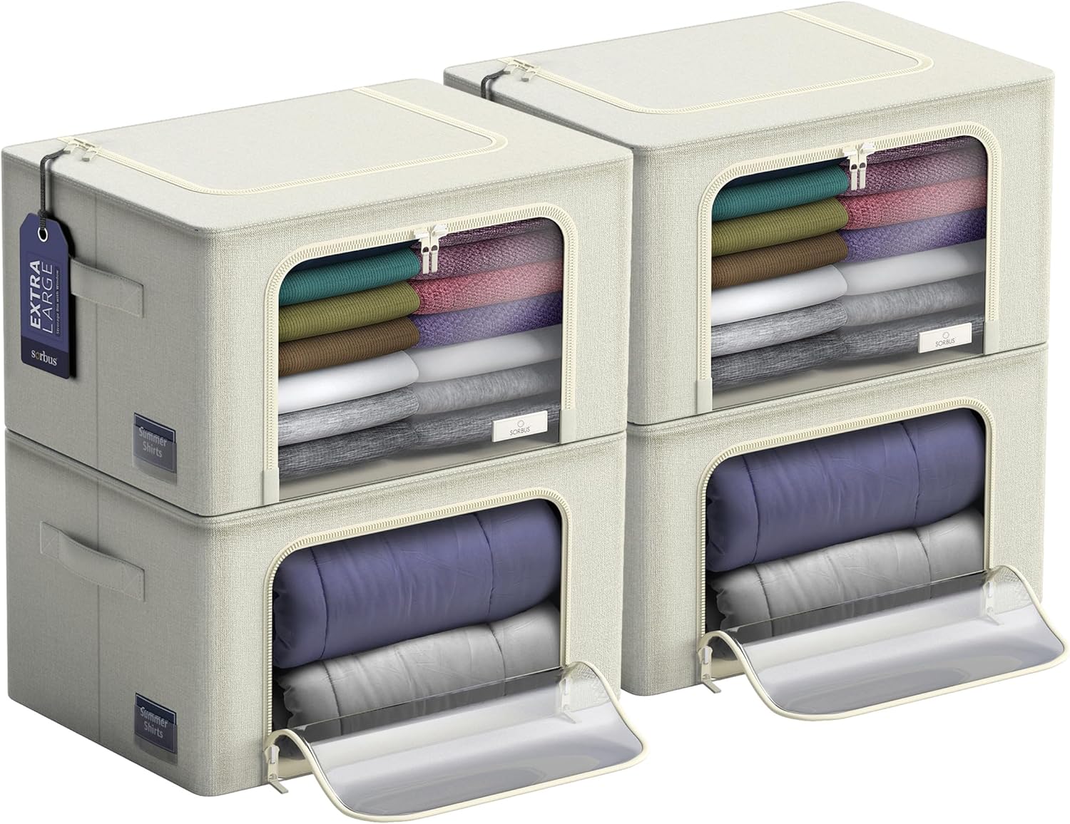 Sorbus Jumbo Storage Bins with Metal Frame - Oxford Fabric Storage Containers with Large Clear Window & Carry Handles - Stackable & Foldable Clothes Organizer Bags for Bedding Linen, Clothing & More Beige 4 Pack