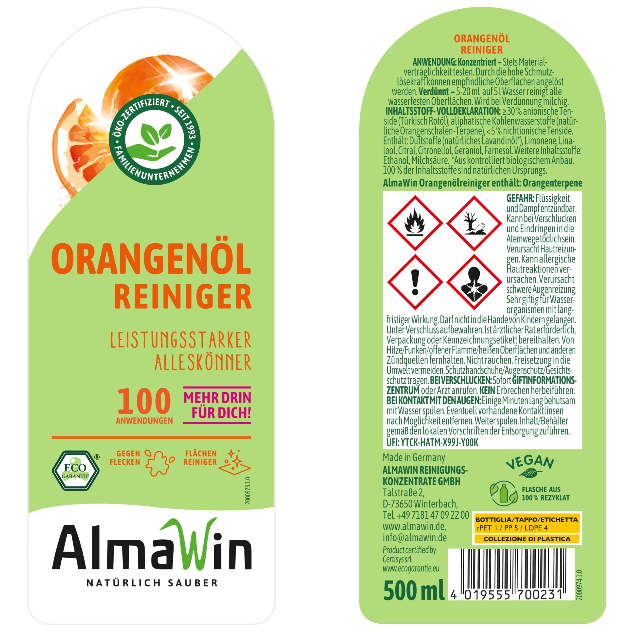 AlmaWin® Orangenölreiniger ÖKO [4x 500ml] ideal als starker Allesreiniger & Fettlöser - Veganes Orangenreiniger Konzentrat in recycelter Flasche - Besonders ergiebiger Orangenöl Reiniger