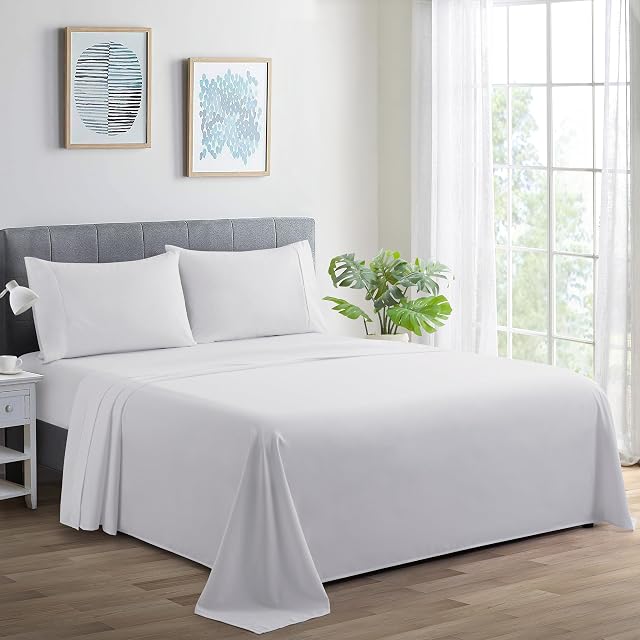 Marina Decoration 600 Thread Count Home Bedding Bedroom Soft Bedsheet Deep Pocket Hotel Standard Solid Percale All Season 3 Pieces Cotton Sheet Set with 1 Pillowcase, White Color Twin/Single Size