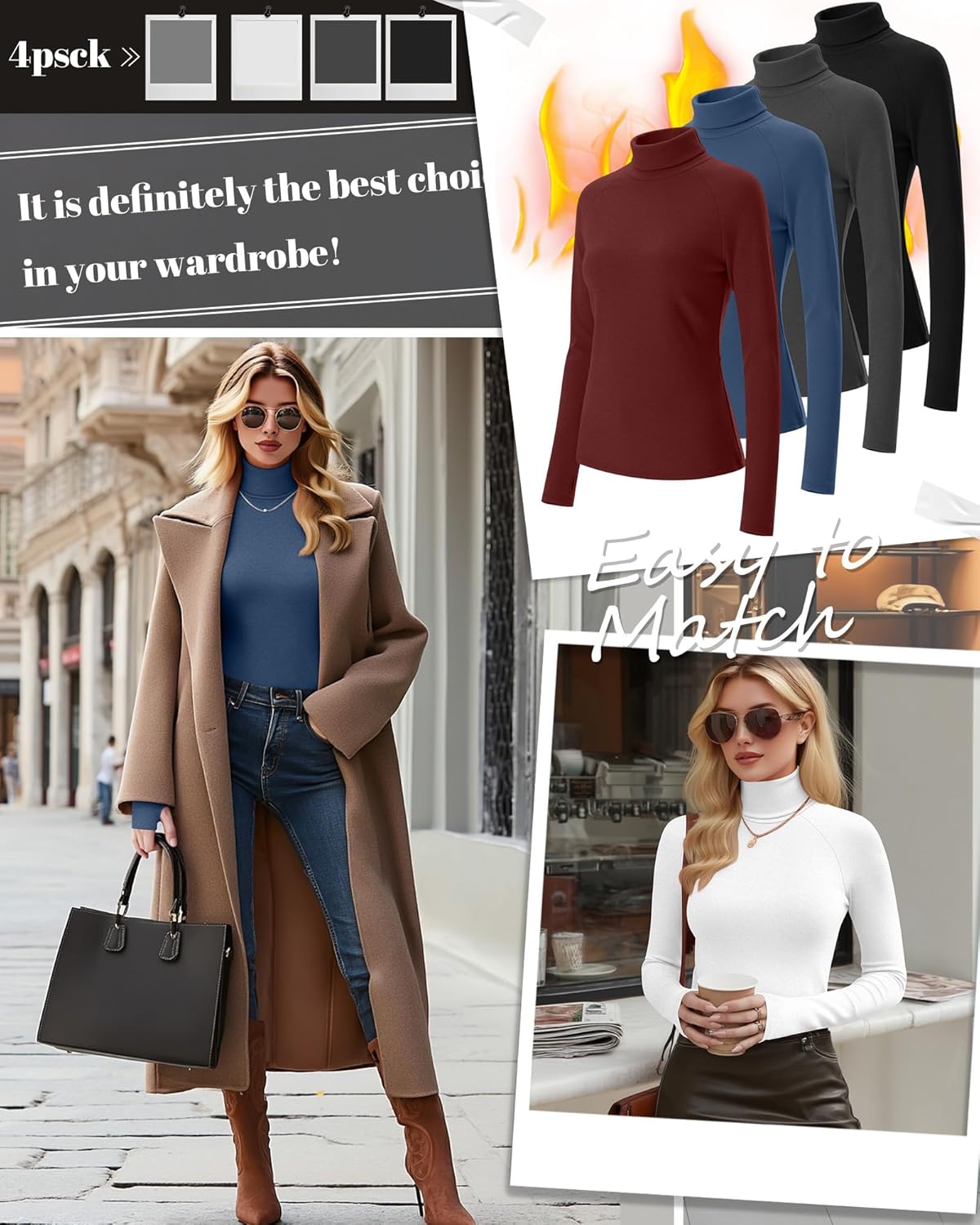 4 Pack Women's Turtleneck Shirts with Thumb Holes Long Sleeve Thermal Tops Elastics Slim Fit Underwear - Image 2