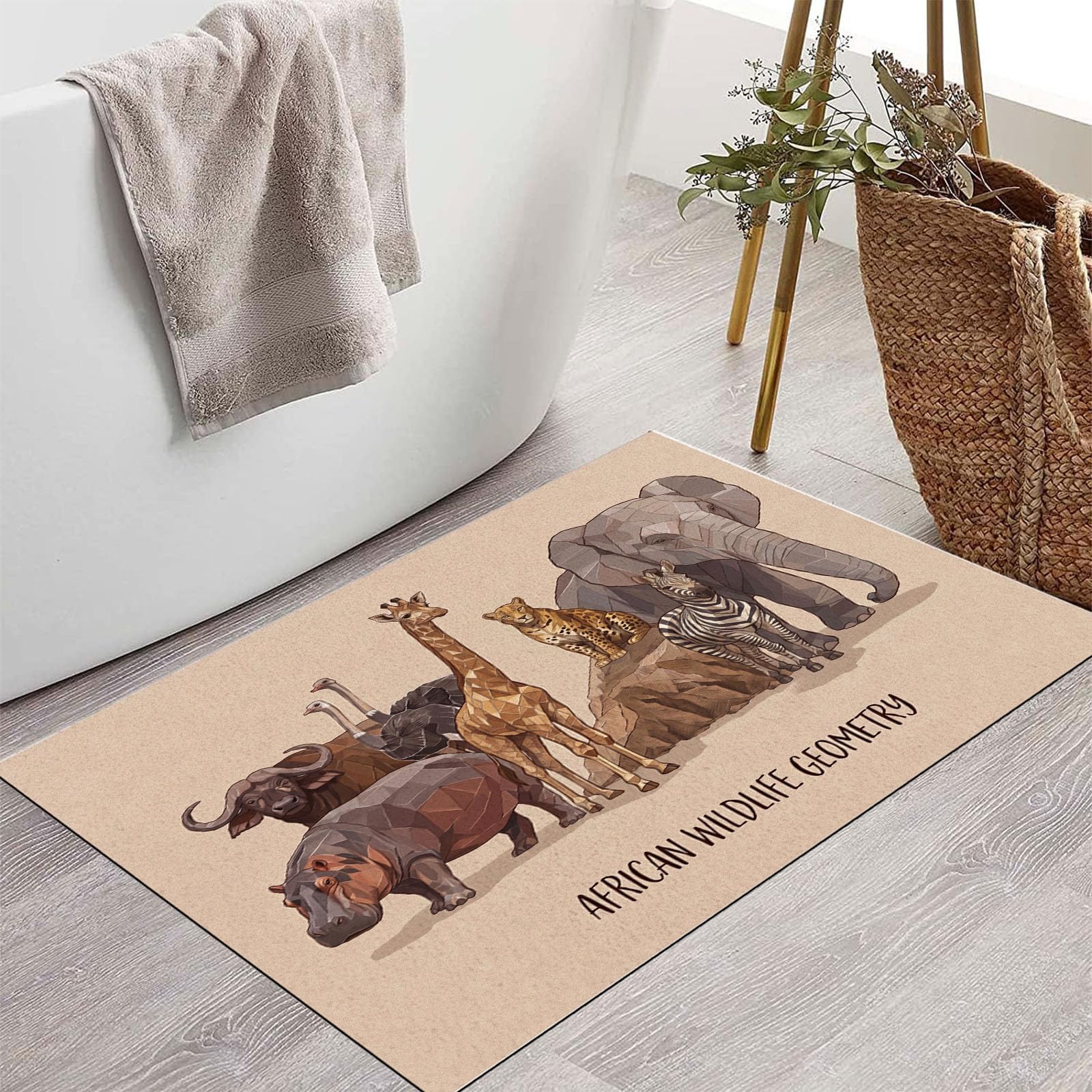 Zerbino Ingresso Interno Fauna Selvatica Africana, Zerbino Di Benvenuto Lavabile Morbida Giraffa Elefante, Antiscivolo Tappeto Da Decorazioni Beige Per Casa Porta, 60X90Cm