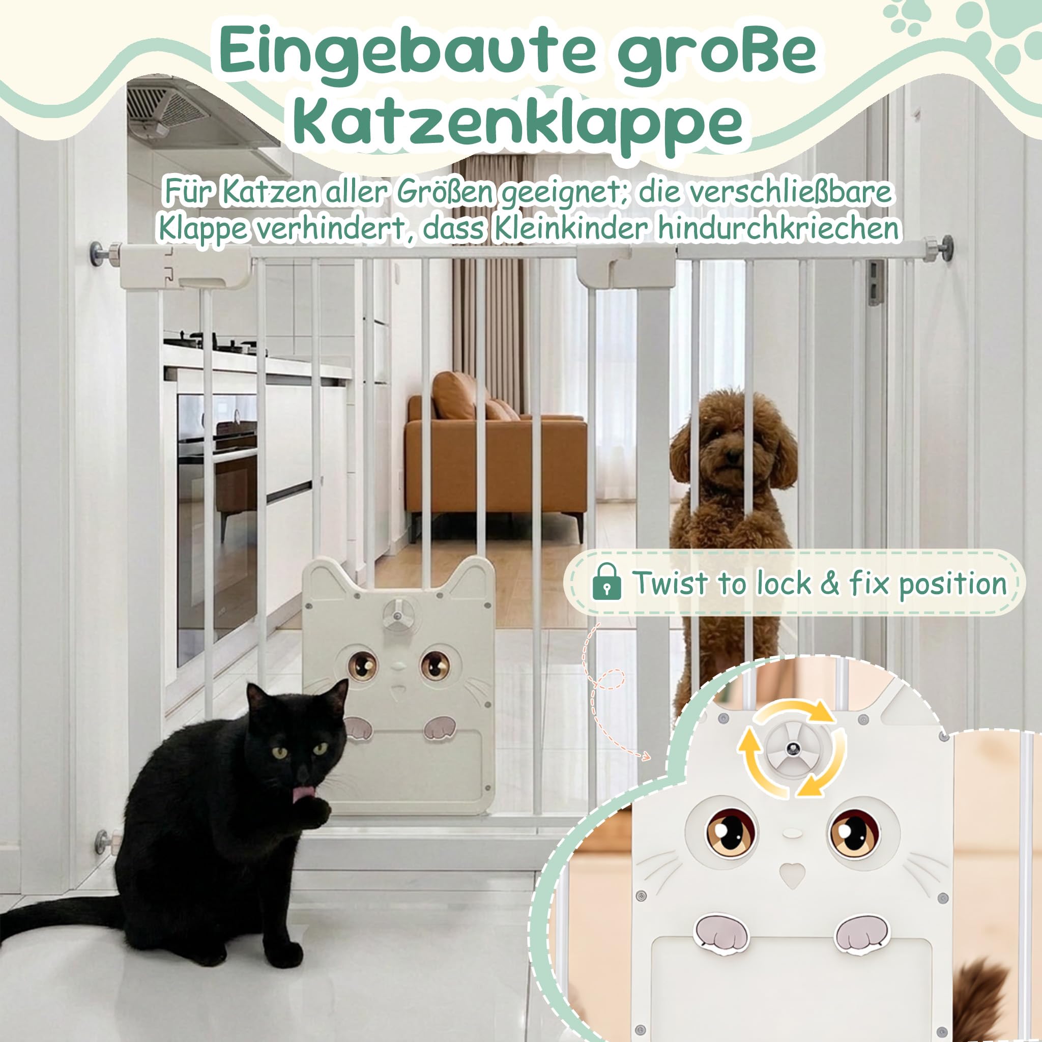 XMTECH Rejilla de protección para puerta con puerta para gatos, sin agujeros, color blanco, 85-95 cm | Cierre automático con parada de 90°, giro de 180°, doble cierre de seguridad, puerta de gato con bloqueo, metal grueso