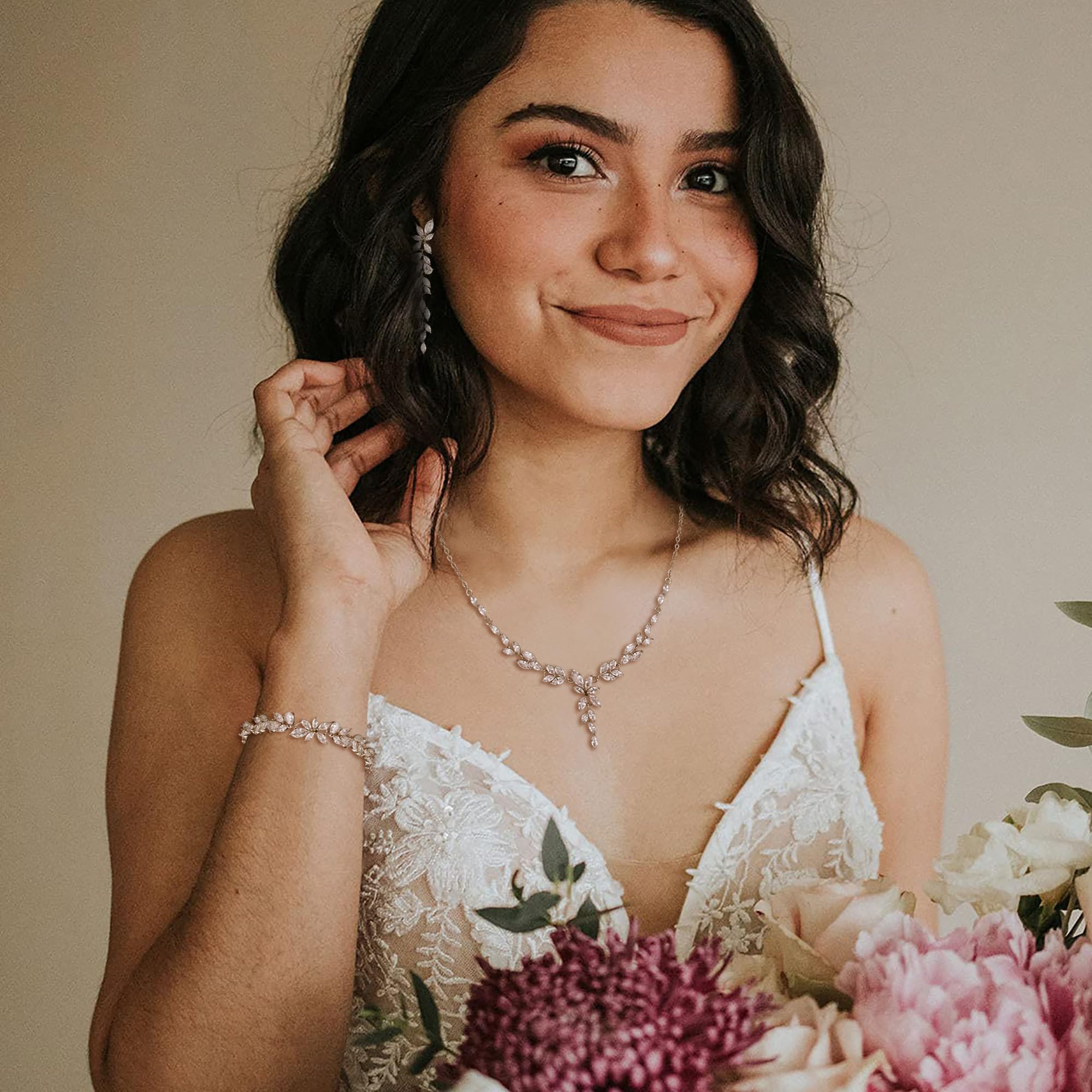 Juego de joyas de boda para novias, damas de honor, marquesa brillante, circonia cúbica, cadena de novia, pendientes largos colgantes, juego de pulseras de tenis