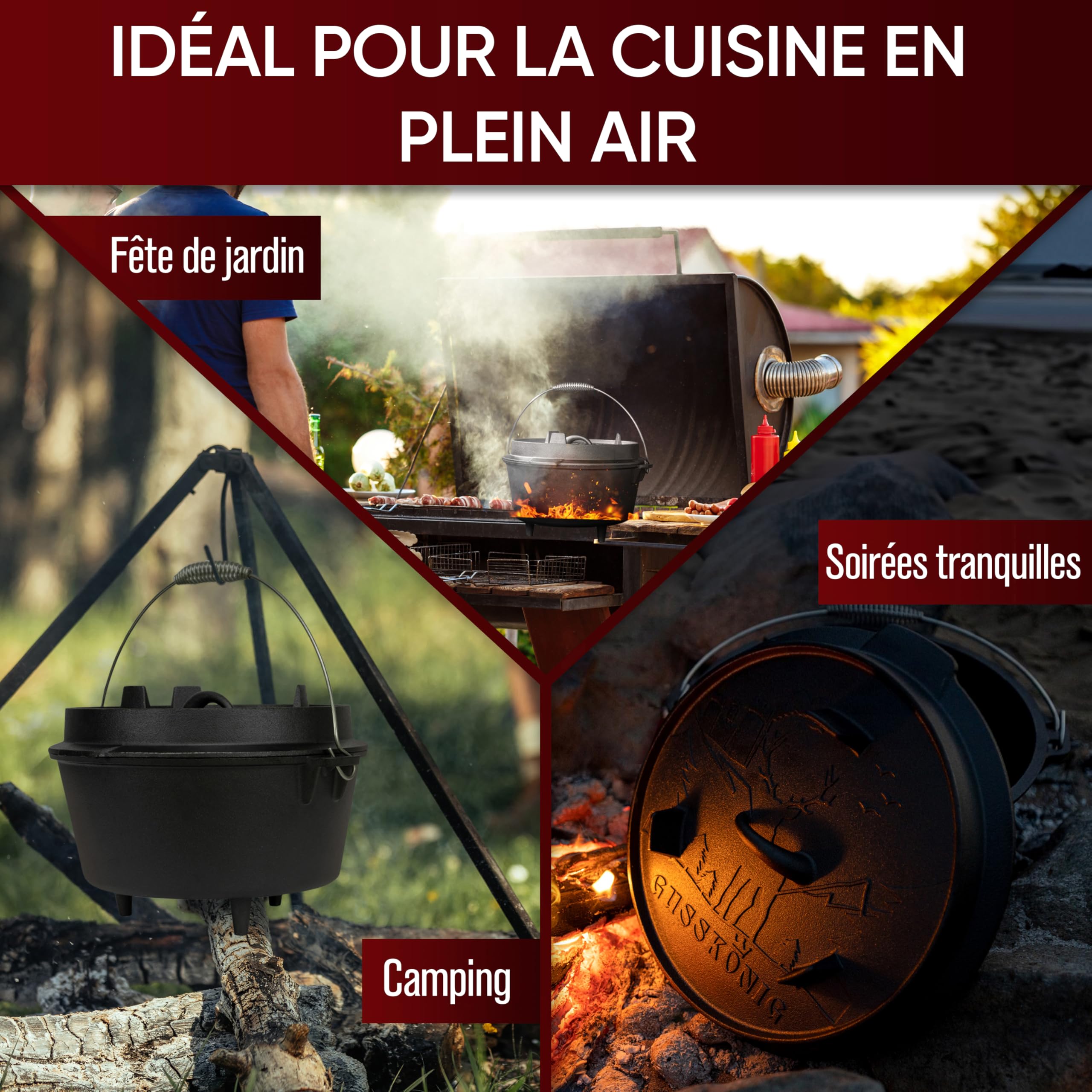 GUSSKÖNIG Ensemble Dutch Oven [12L] - Cocotte en fonte déjà assaisonnée avec levier de couvercle pratique et pieds