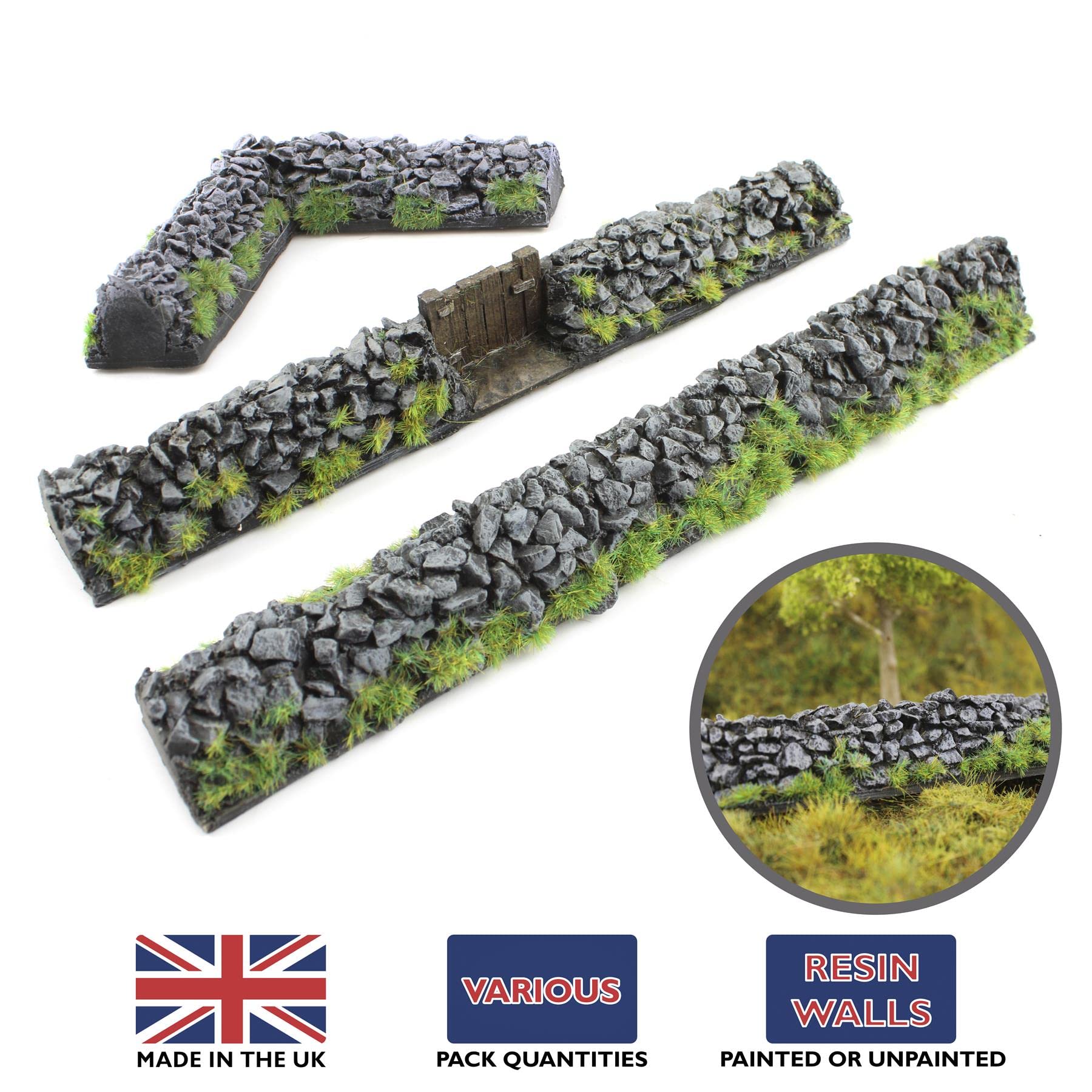 War World Gaming | Fels-Mauer Eckteil | Bemalt & Beflockt x 4 | 20-28 mm Tabletop Gelände Modellbau Landschaftsbau Modellbahn