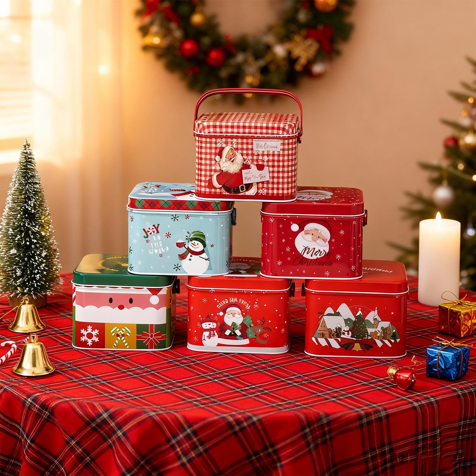 Scatole Per Dolciumi Natalizi 6 Pezzi Con Manico | Lattine di Latta Vuote per Caramelle per Bambini Famiglia Torta Spuntino Lavoretti Cioccolato Regalini per Feste Vacanze