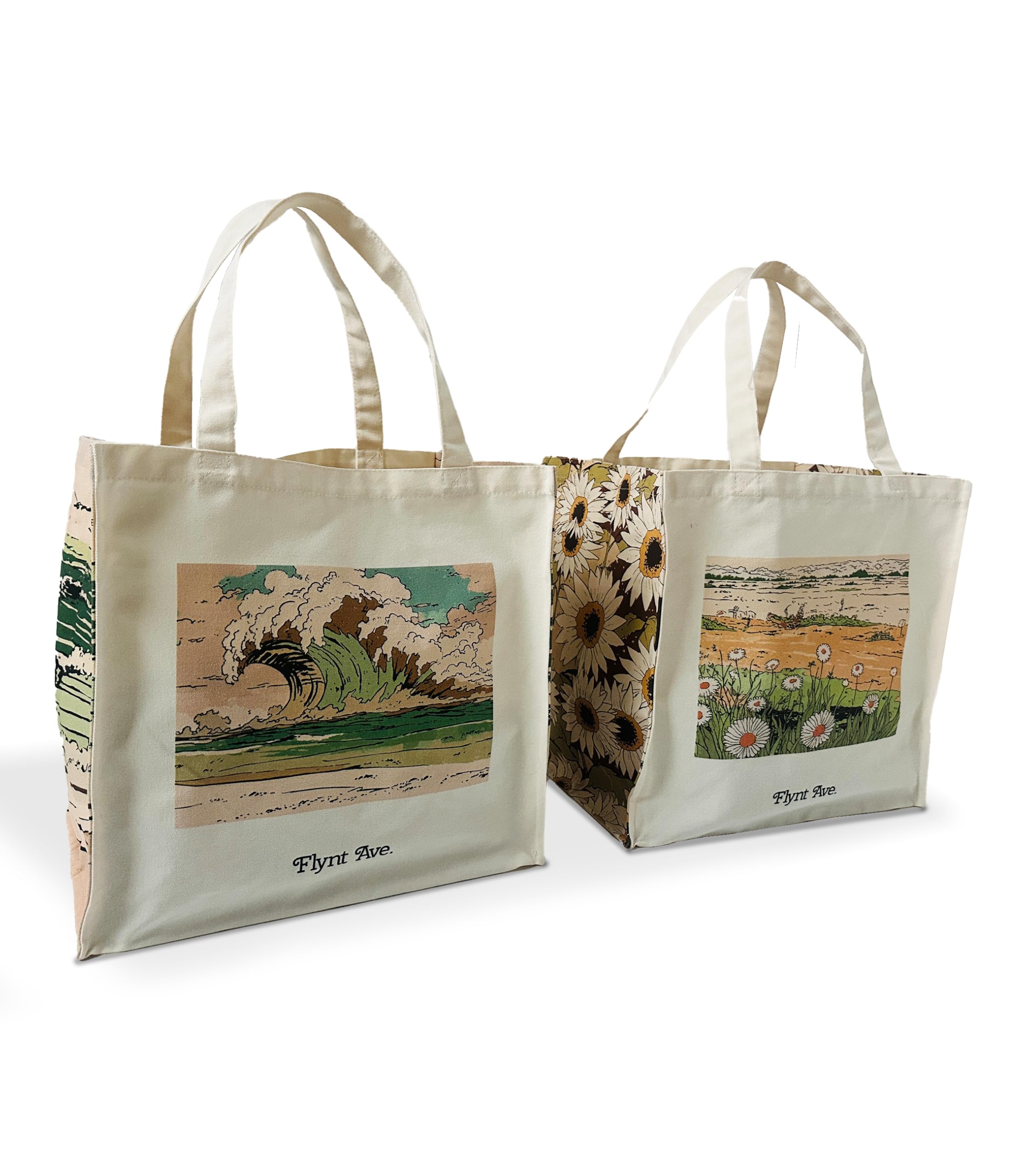 Flynt Ave. Cute Reusable Grocery Shopping Bag, Spring and Summer Aesthetics - Extra Large Heavy Duty Structured Canvas Tote Bags (2 Pack) - Interior