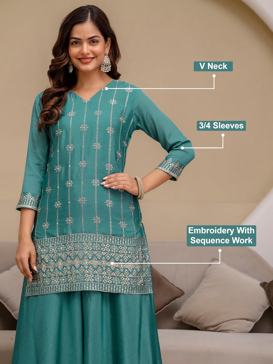 TRENDMALLS Women's Art Silk Embroidery Sequence Work Kurta Palazzo Set with Dupatta Salwar Suit Set For Women