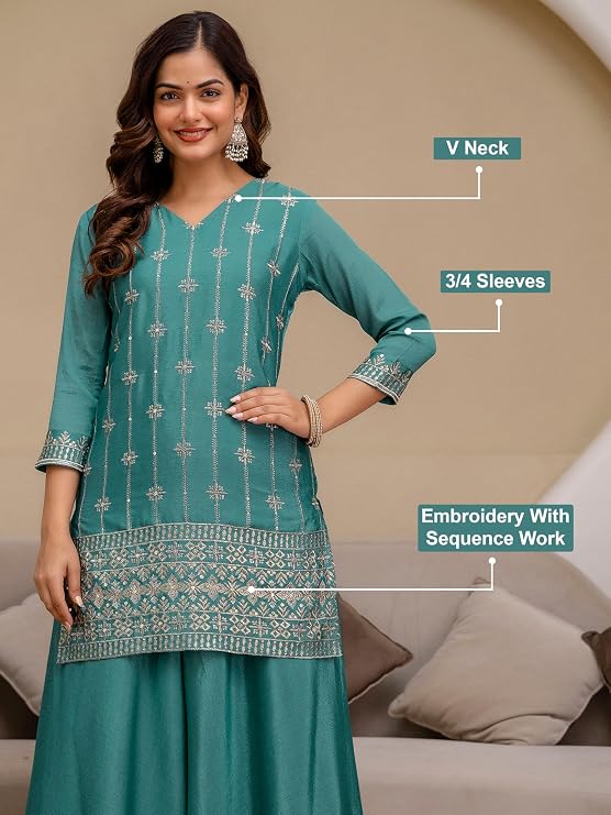 TRENDMALLS Women's Art Silk Embroidery Sequence Work Kurta Palazzo Set with Dupatta Salwar Suit Set For Women