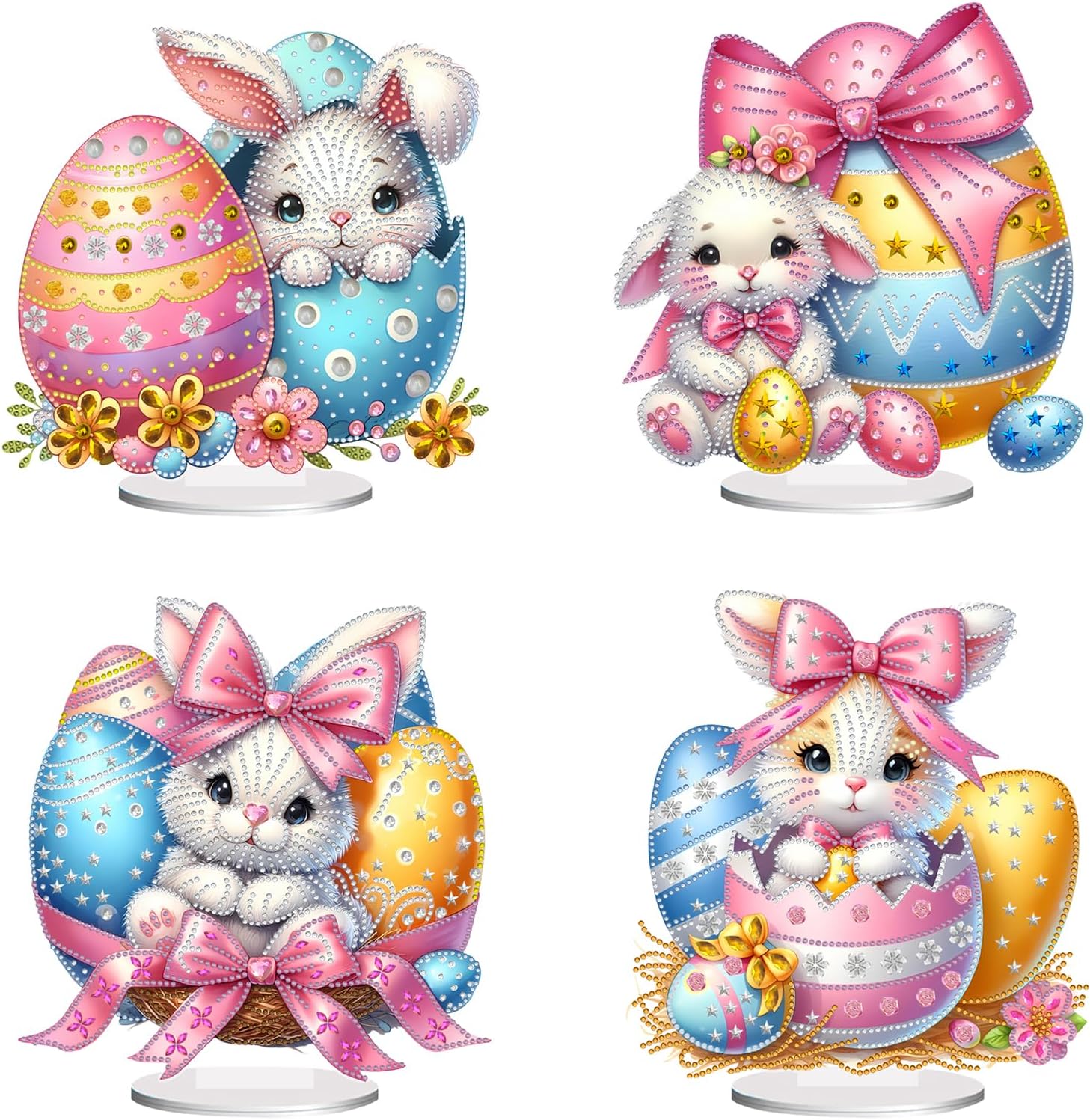 BAYUNOE 4Pcs DIY Diamond Art Painting Desktop Ornament Easter Handmade Double-Sided Pattern Diamond Art Decorated Tabletop Ornaments Single Sided Diamond Home Decor-Bunny Eggs
