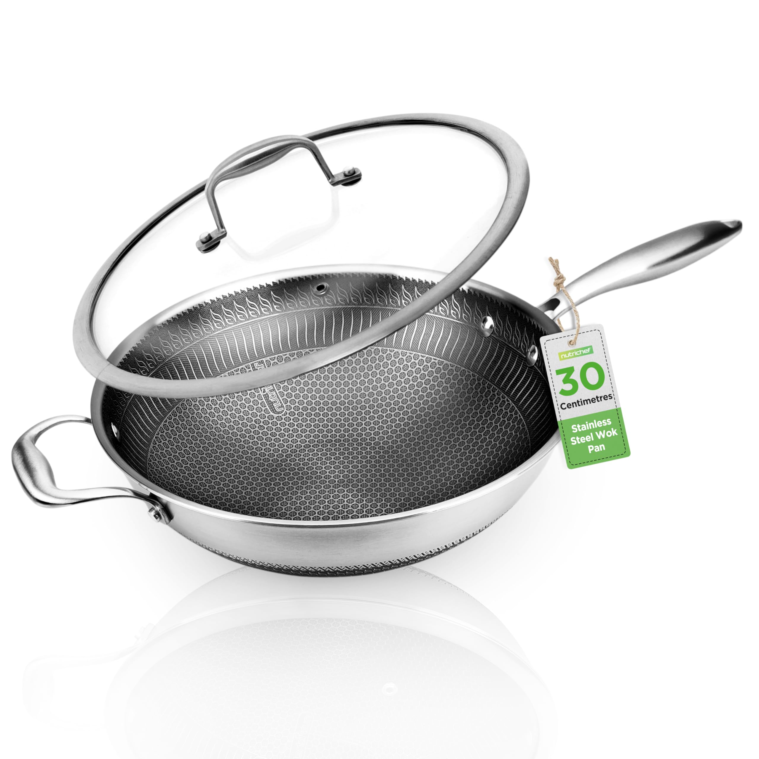 NutrichefNonstick Wok with Glass Lid – 30cm Hex Stainless Steel Stir Fry Cookware, Induction Compatible, Honeycomb Pattern, Scratch-Resistant, Deep Sauté Style, 12" Wok