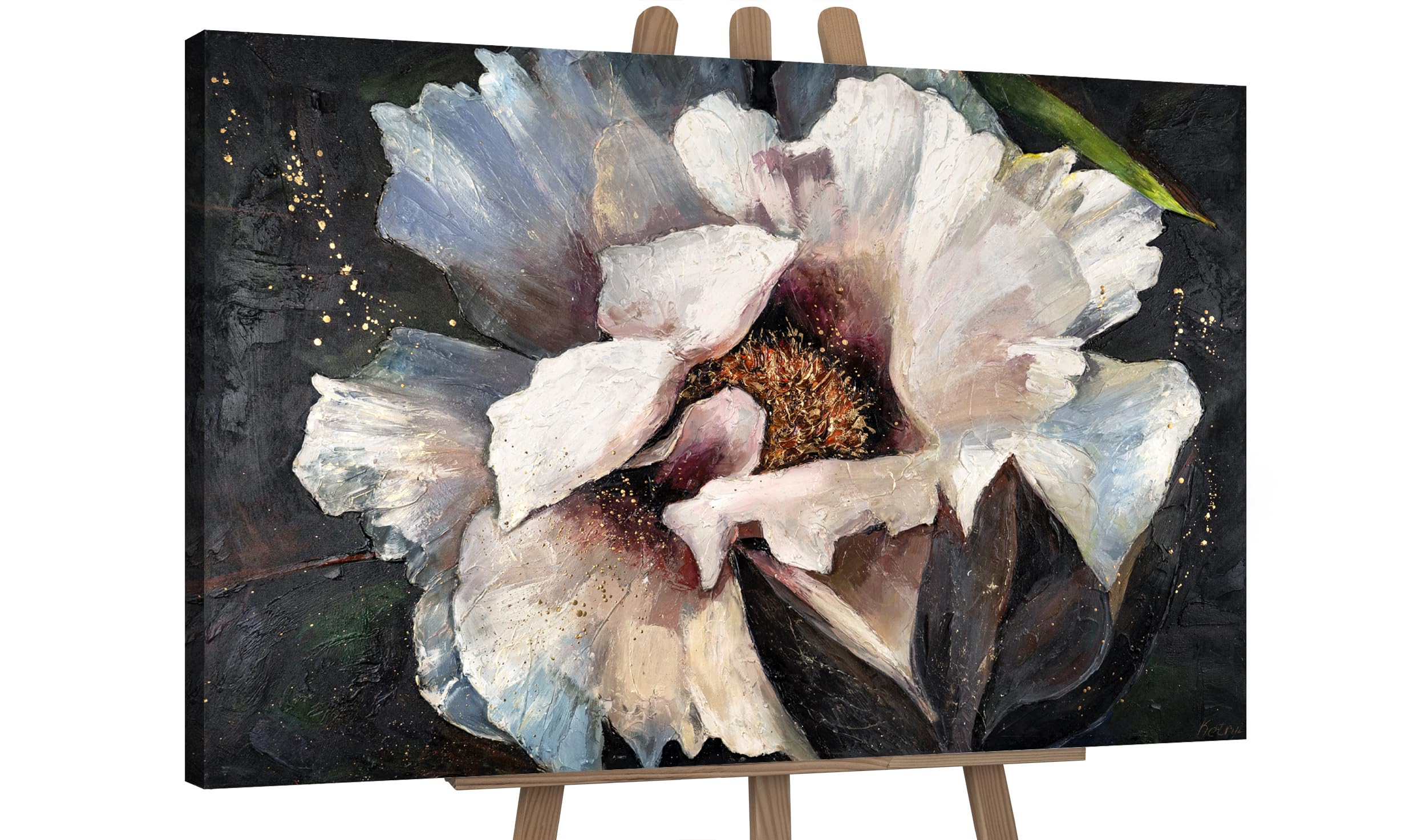 YS-Art Original Handmade Painting with Large White Peony, Textured Floral Wall Art, Hand-Painted Botanical Decor for Hallway & Dining Room 48x32 inch