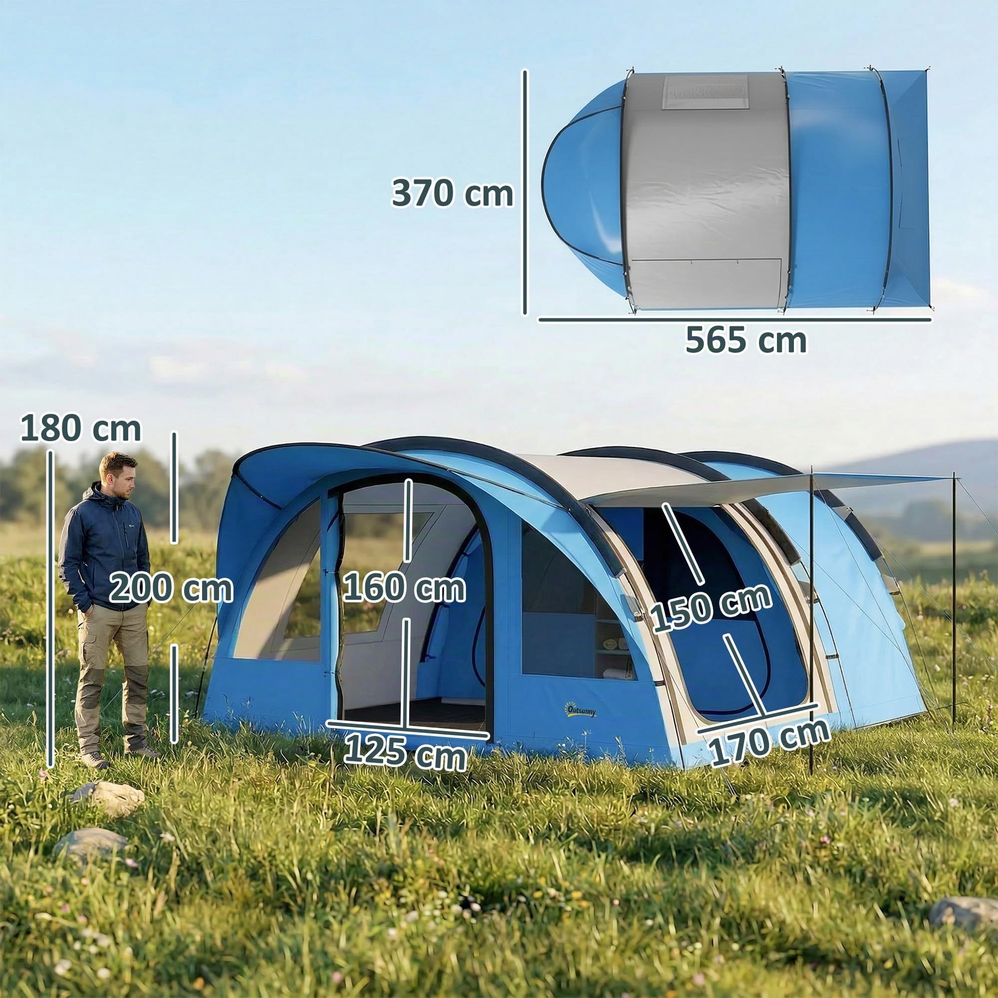 Outsunny Grande Tente Tunnel Camping 4 Personnes 3-4 Saisons Bleu Gris | Hauteur d'Homme 2 m, Séjour XL 3,7 m, Imperméable 3000mm, Tapis De Sol Cousu, 4 Portes, 6 Fenêtres