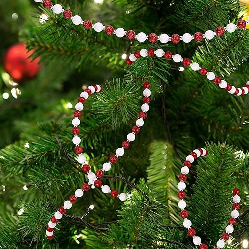 Miniatura 4 de Guirnalda de bastones de Navidad de 20 pies con purpurina, guirnalda de cuentas de árbol de caramelo, guirnalda de cuentas de plástico rojo y blanco