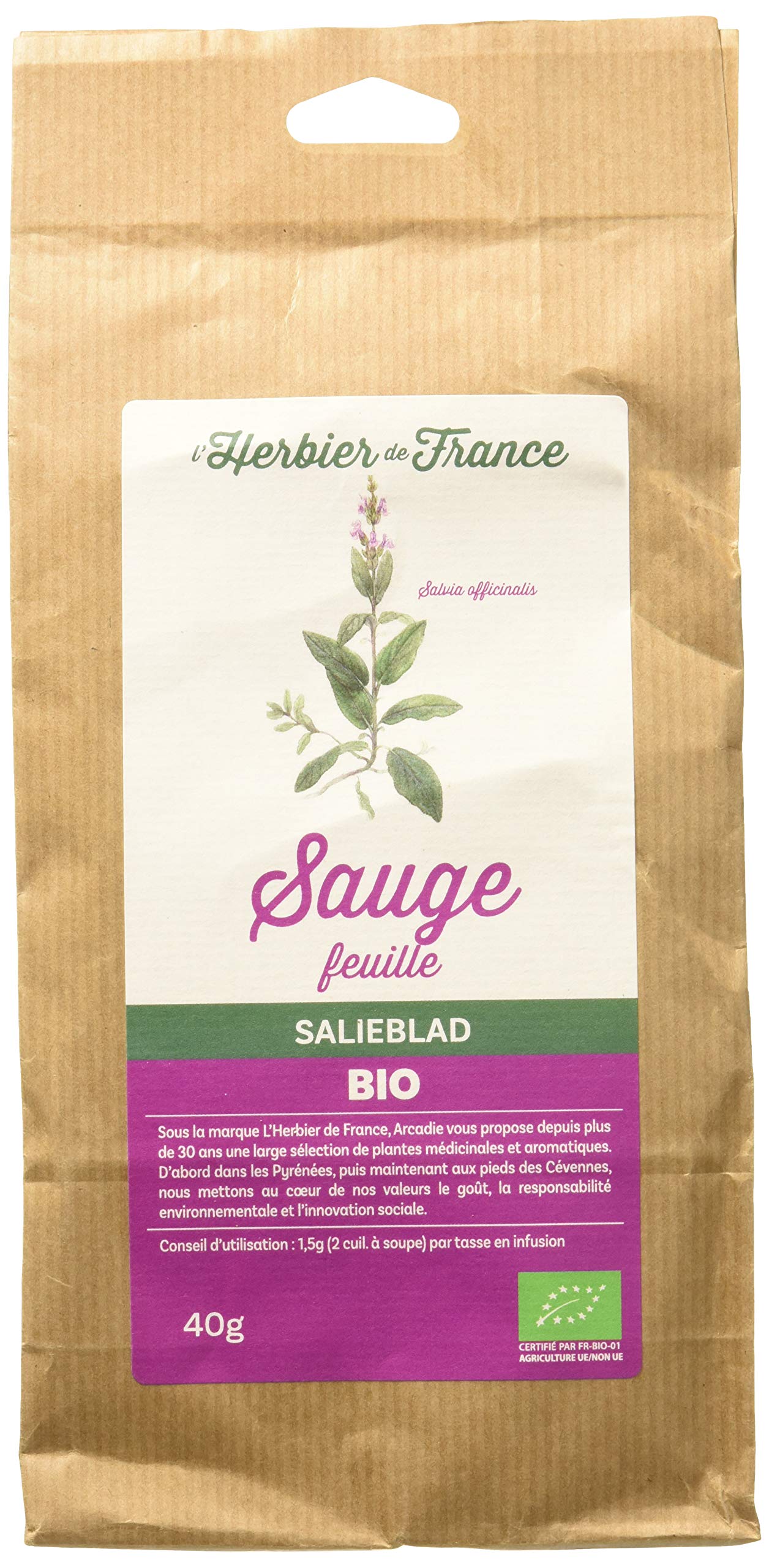 L'Herbier de France Sauge Feuilles Bio Sachet Kraft 40 g