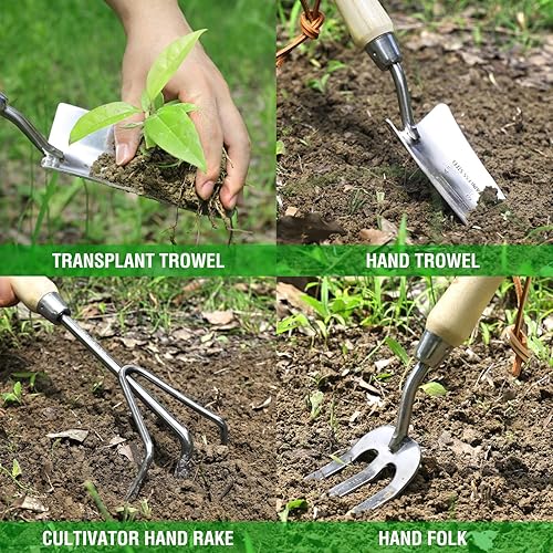 Miniatura 4 de WORKPRO Juego de herramientas de jardín, 8 piezas, herramientas de jardinería resistentes de acero inoxidable con mango de madera y azada y
