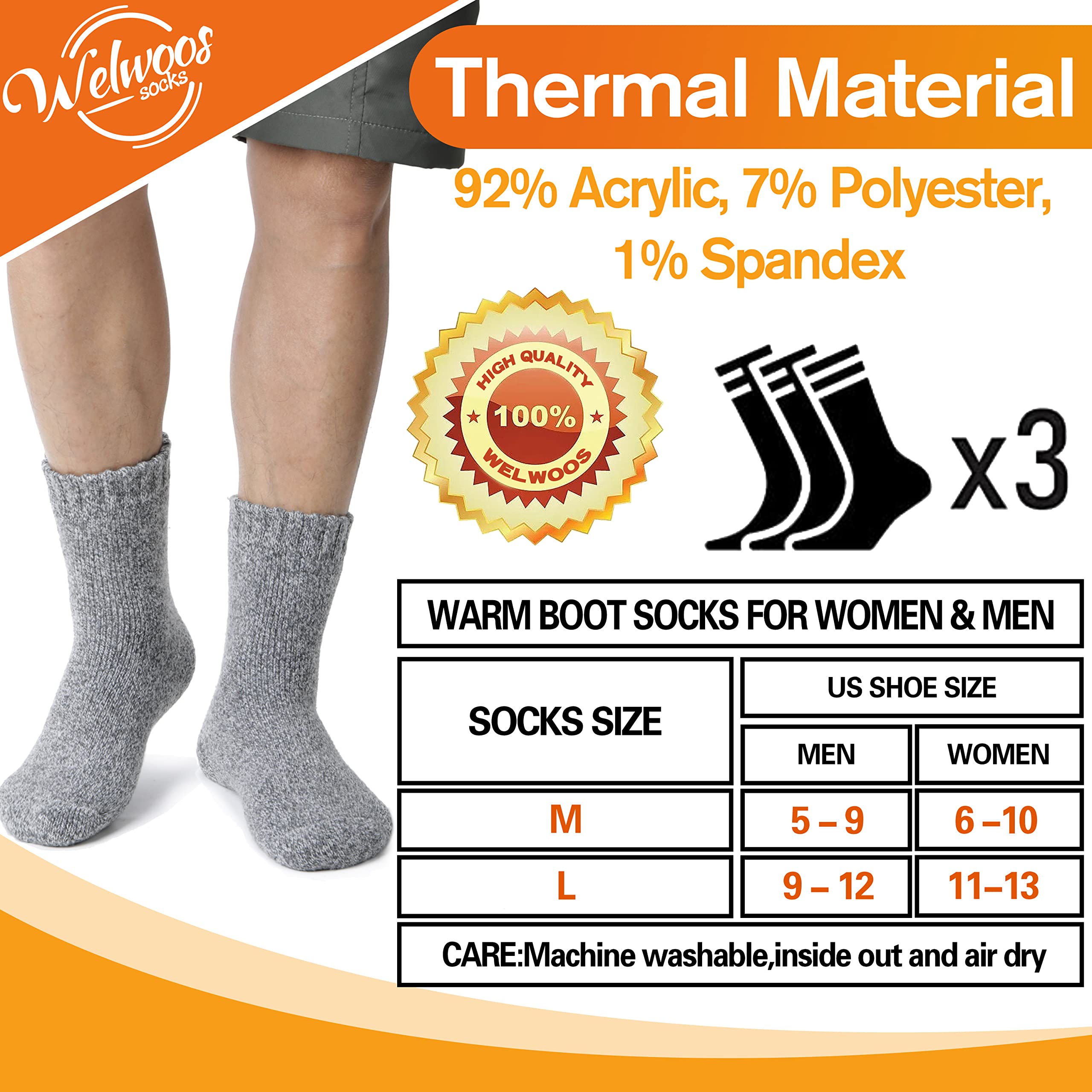 Welwoos Chaussettes Chaudes Femme Homme 36-42/42-46, Chaussettes Chauffante Hiver Épaisses Thermiques Cadeau pour Femme 3 Pairs