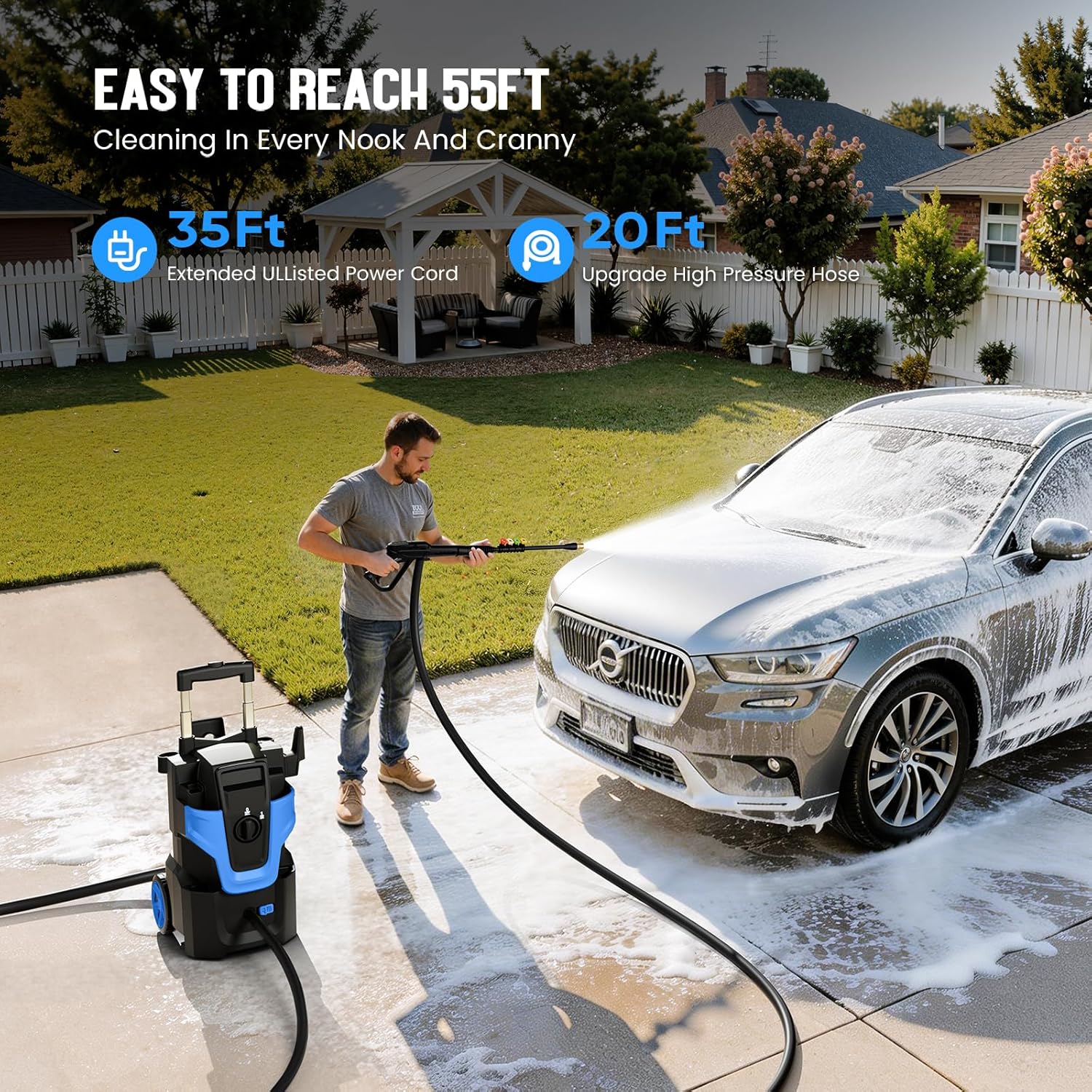 5000PSI Heavy Duty Pressure Cleaner, 3-Speed Adjustable Power Cleaner with 2-Stage Pull Rod, 4 Nozzles, Foam Cannon & 500ml Soap Bottle for Car, Home & Outdoor Cleaning,Blue