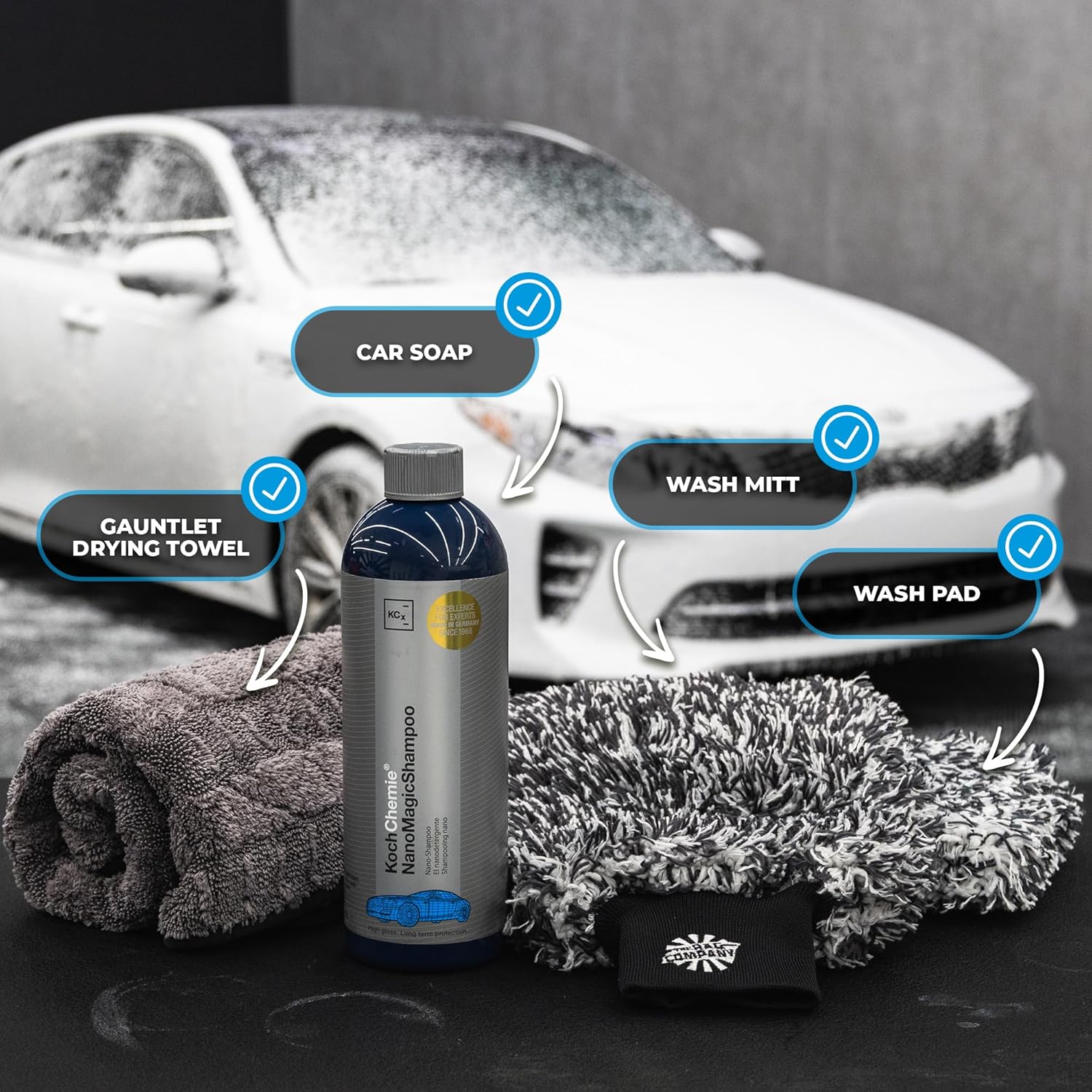 The Rag Company - 4-Piece Premium Essential Car Wash Kit - Includes Famous Gauntlet Drying Towel, Cyclone Wash Mitt + Wash Pad, and Premium NanoMagic Car Shampoo