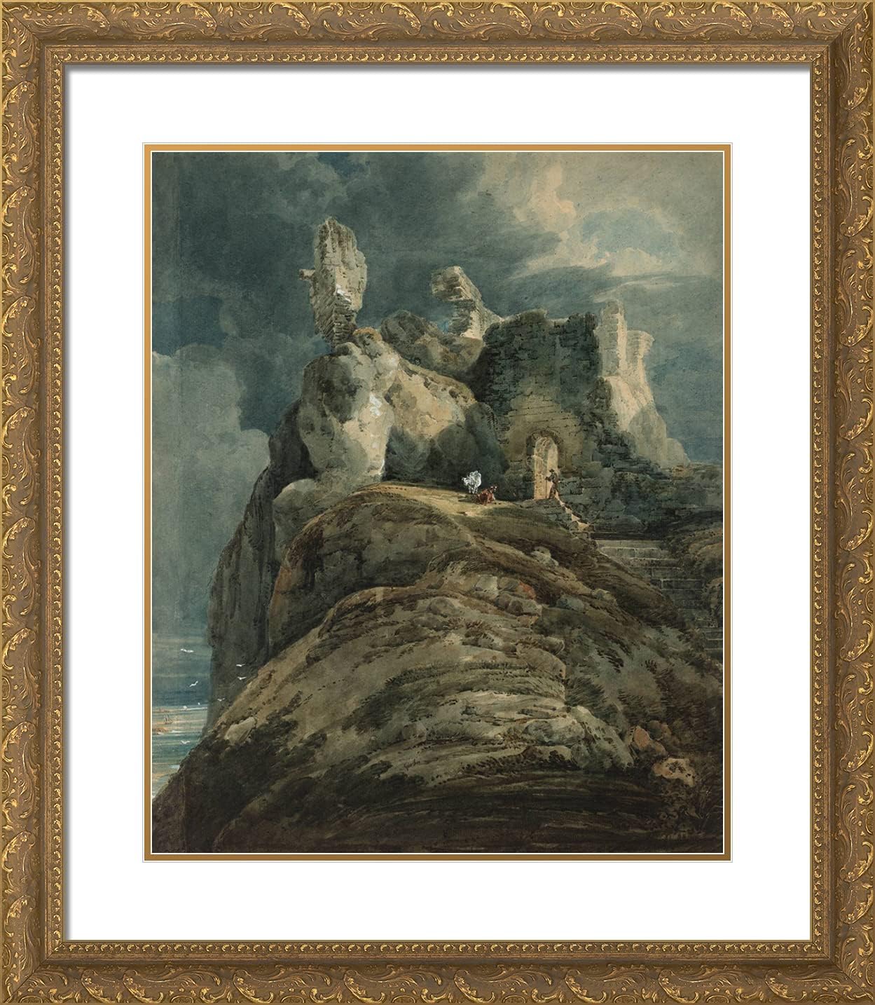 ArtDirect Girtin, Thomas 20x23 Gold Ornate Framed Art Print with Double Matting Titled: Bamburgh Castle
