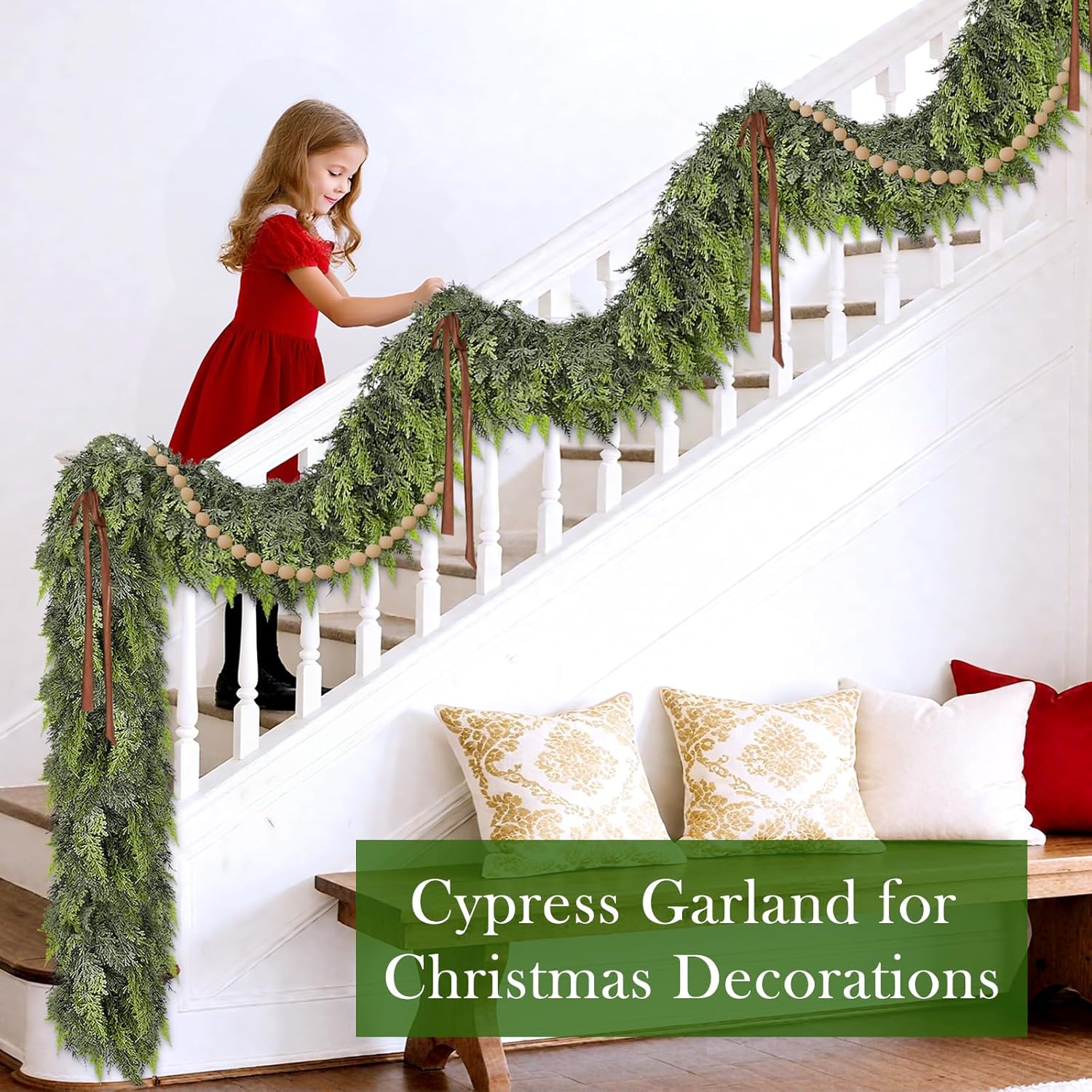 Extra Thick & Lush - 9 Ft by 10 Inch Real Touch Christmas Cedar Garland Artificial Realistic Soft Thickness Greenery Pine Cypress Garlands Christmas Garland for Mantle Fireplace Home Indoor Outdoor