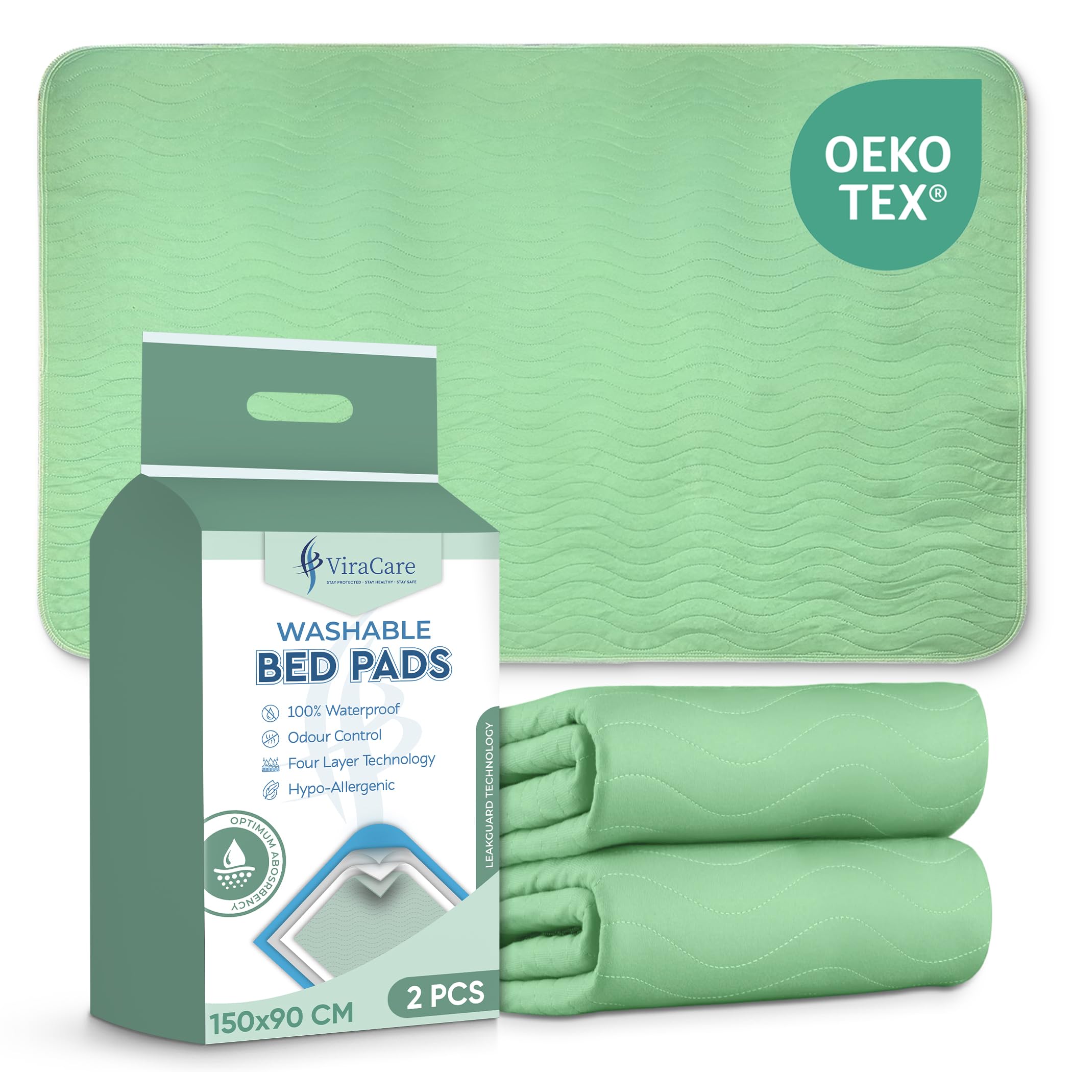 Viracare Green 4 X Washable Incontinence Bed Pads | 150 X 90 Cm | Incontinence Bed Sheets | Suitable For King Bed | Without Tucks/Flaps & Colour | Absorbent Pads | (2 Packs Of 2)