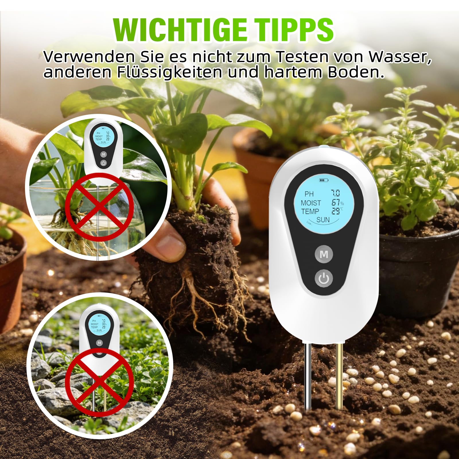 BURMONG Tester wilgotności roślin, 4 w 1, wilgotność roślin z wilgotnością/pH/temperaturą/światłem słonecznym, tester pH gleby do ogrodnictwa, rolnictwa i roślin ogrodowych